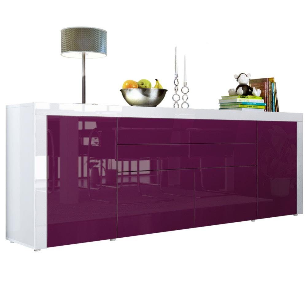 Vladon Sideboard La Paz V2 (Kommode, mit 2 Türen, 2 Schubkästen und 2 Klappen), Brombeer Hochglanz/Weiß Hochglanz (200 x 72 x 35 cm)