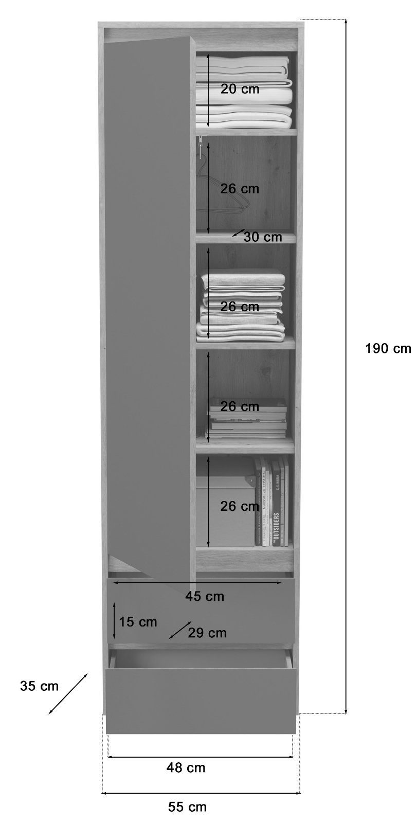 Eiche Garderobenschrank xonox.home Torino x cm) in Schubladen (Schuhschrank Inneneinteilung, Variable 190 54 grau, mit matt und