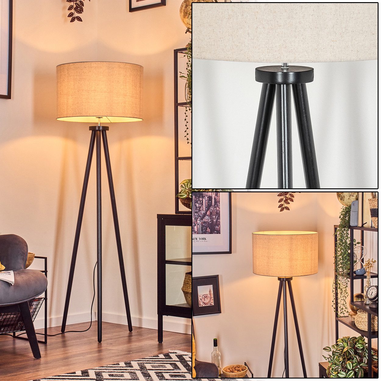 Stehlampe Stehlampe aus Holz/Stoff in Schwarz/Weiß/Beige