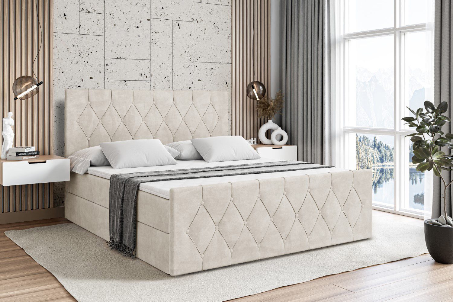 ALTDECOR Boxbett VELANTO (mit Matratze Lattenrost Topper Polsterbett mit Bettkasten Doppelbett), H4 Multipocket / H3 Bonellfederung, Springboxbett Boxspringbett