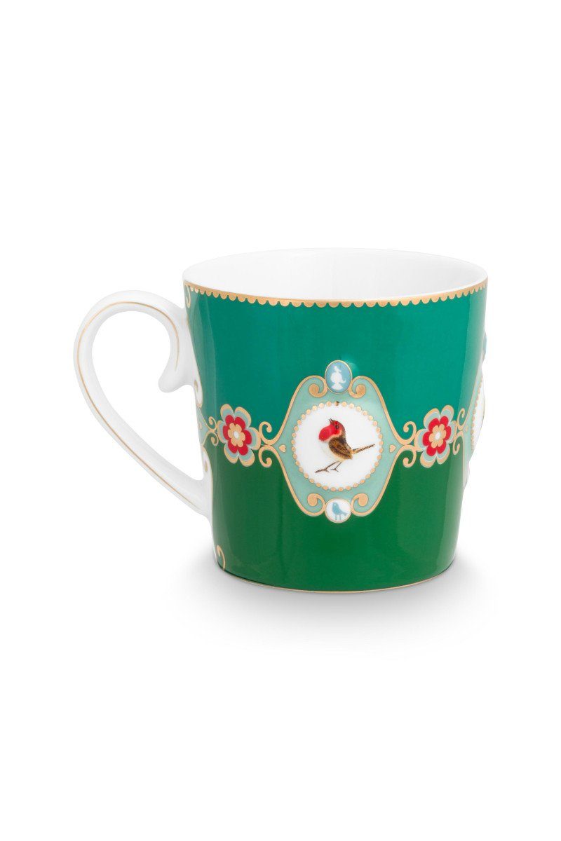 PiP Studio Becher Love Birds Medaillon Henkelbecher grün 0,25l, Bone China, Mug Large Love Birds Medaillon Emerald-Green 250ml