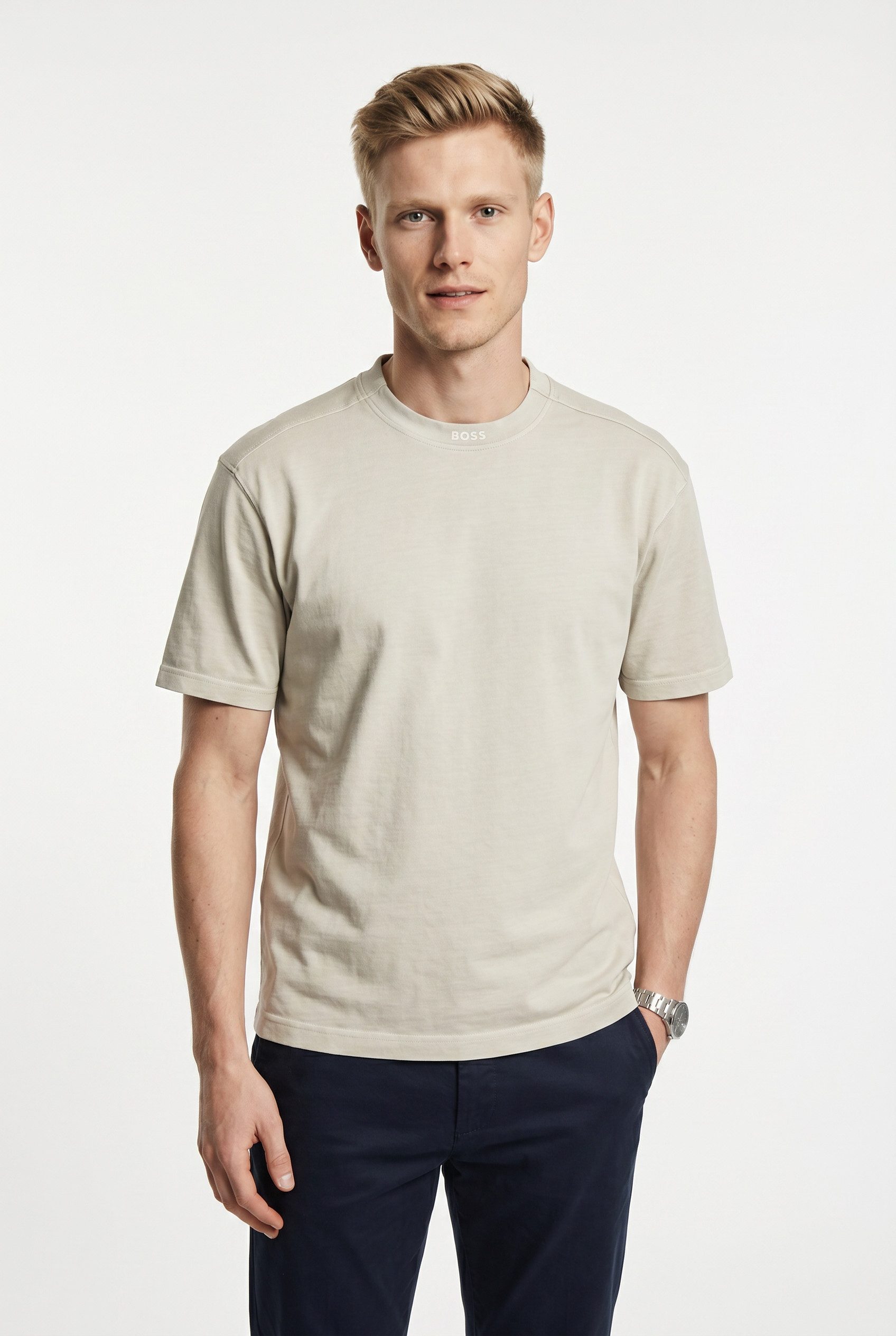 BOSS ORANGE T-Shirt Te Dye Relaxed Fit 100% Cotton Jersey Mock Neck Logo Centered