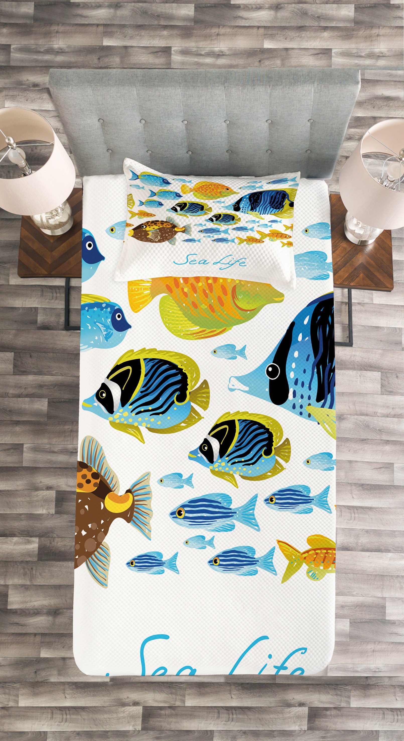 Cartoon Sea Fisch Kissenbezügen mit Life Theme Set Tagesdecke Waschbar, Abakuhaus,