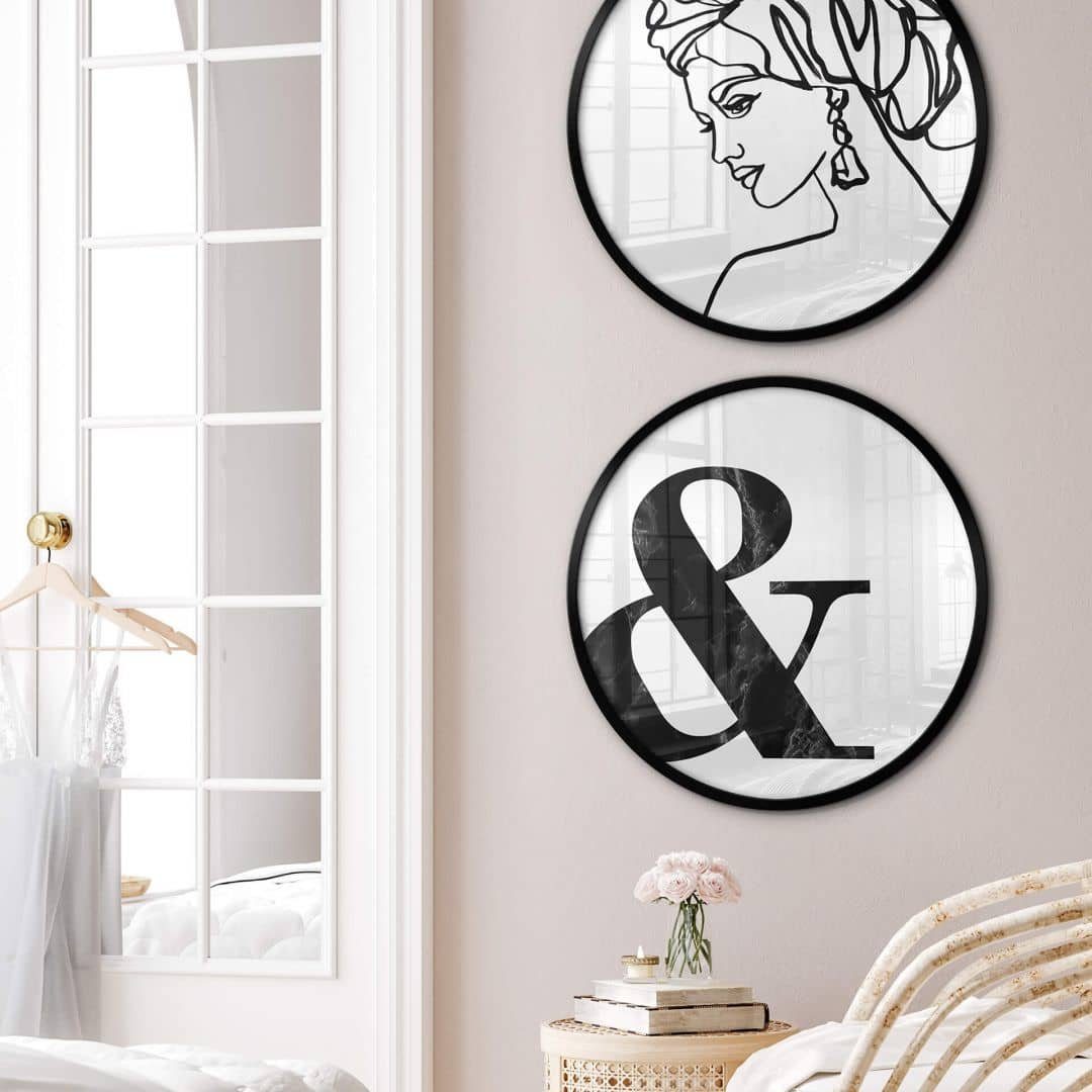 Poster Wandbild Poster Rund Kunstdruck Marmor Ampersand schwarz-weiß &