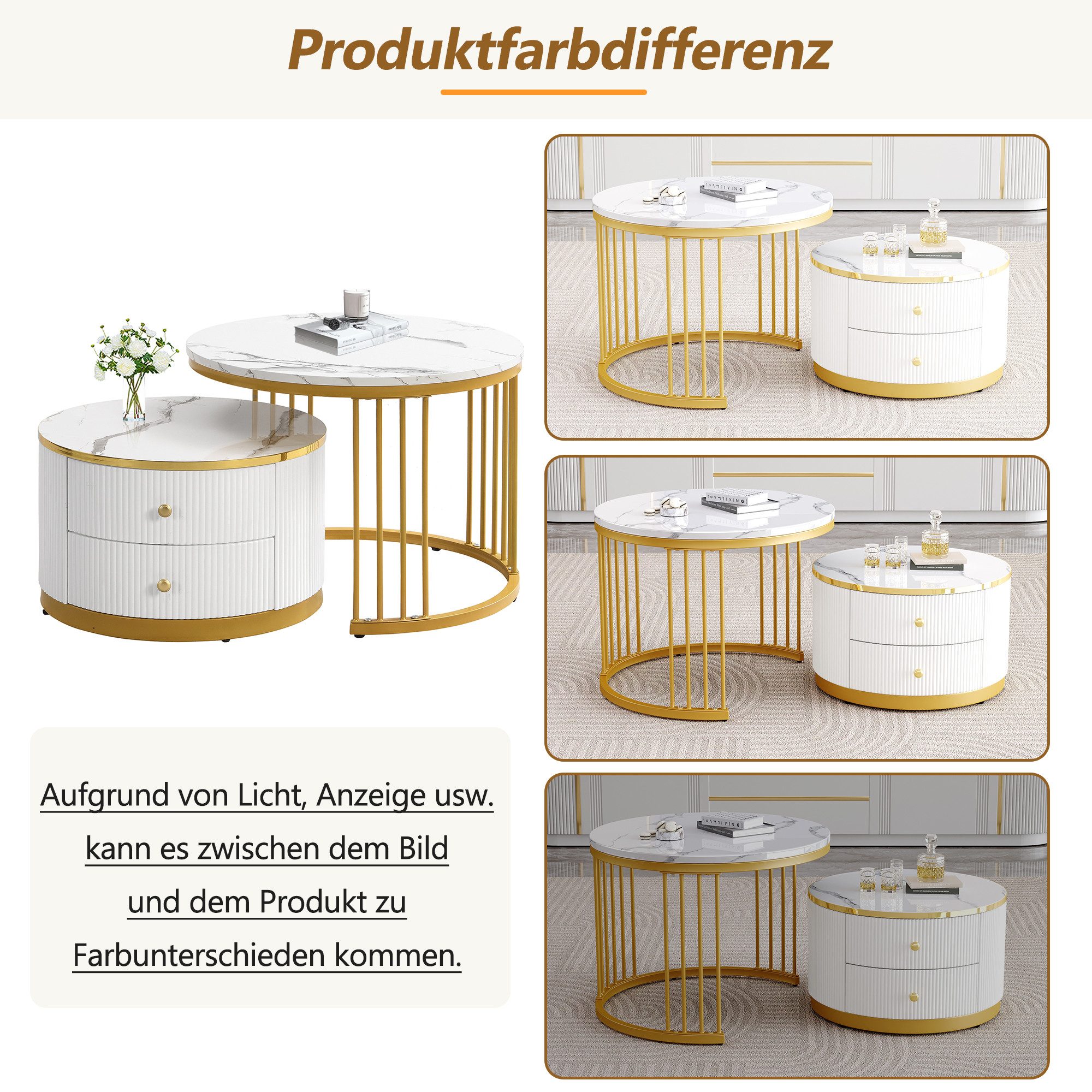 Merax Couchtisch, Hochglanz Marmoroptik, Beistelltisch Set, Satztisch Metallrahmen