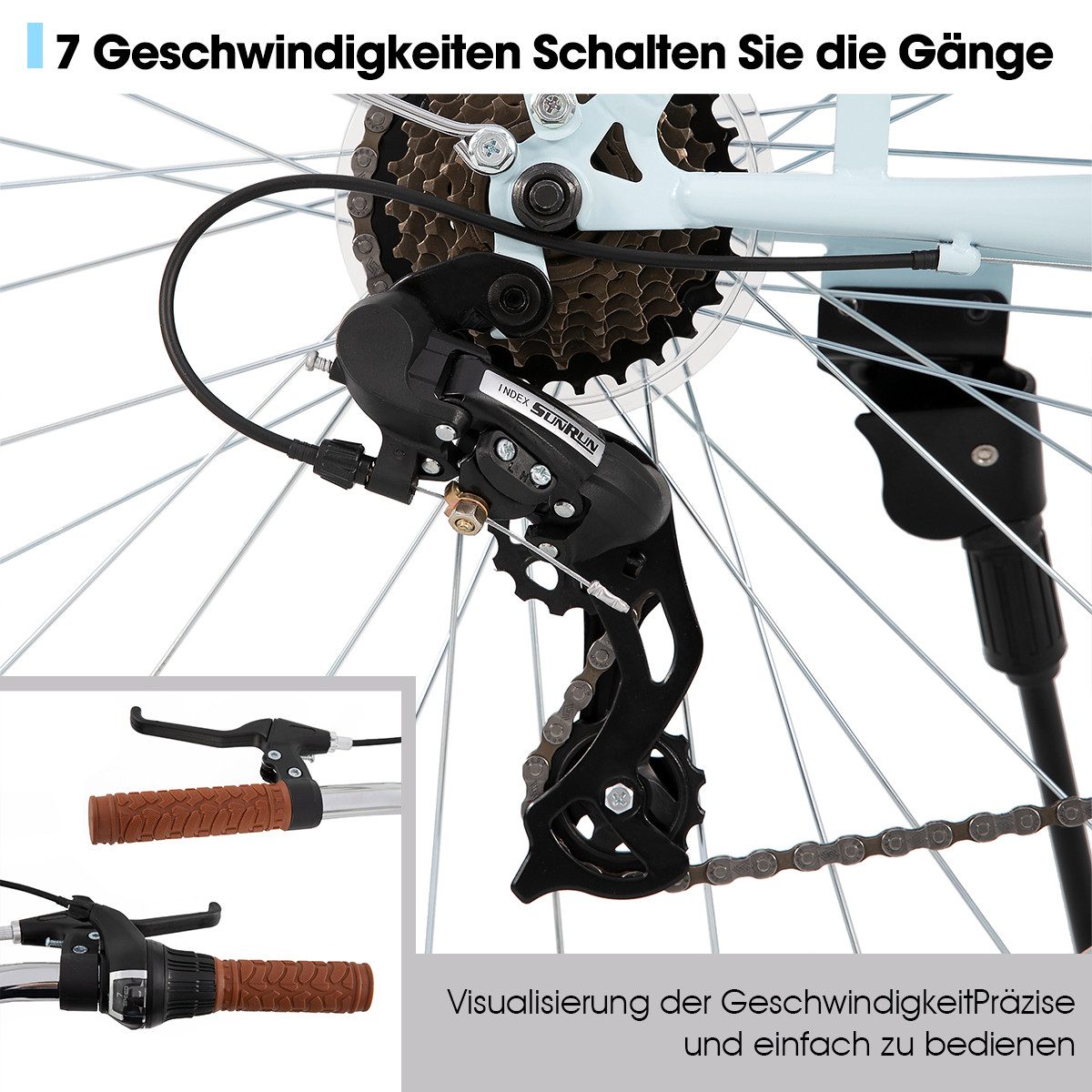 HILAND Cityrad Unisex Citybike 26", 7-Gang, V-Bremse, passend für 165–182cm, Step-Through Rahmen mit Gepäckträger und Korb,7 Gang