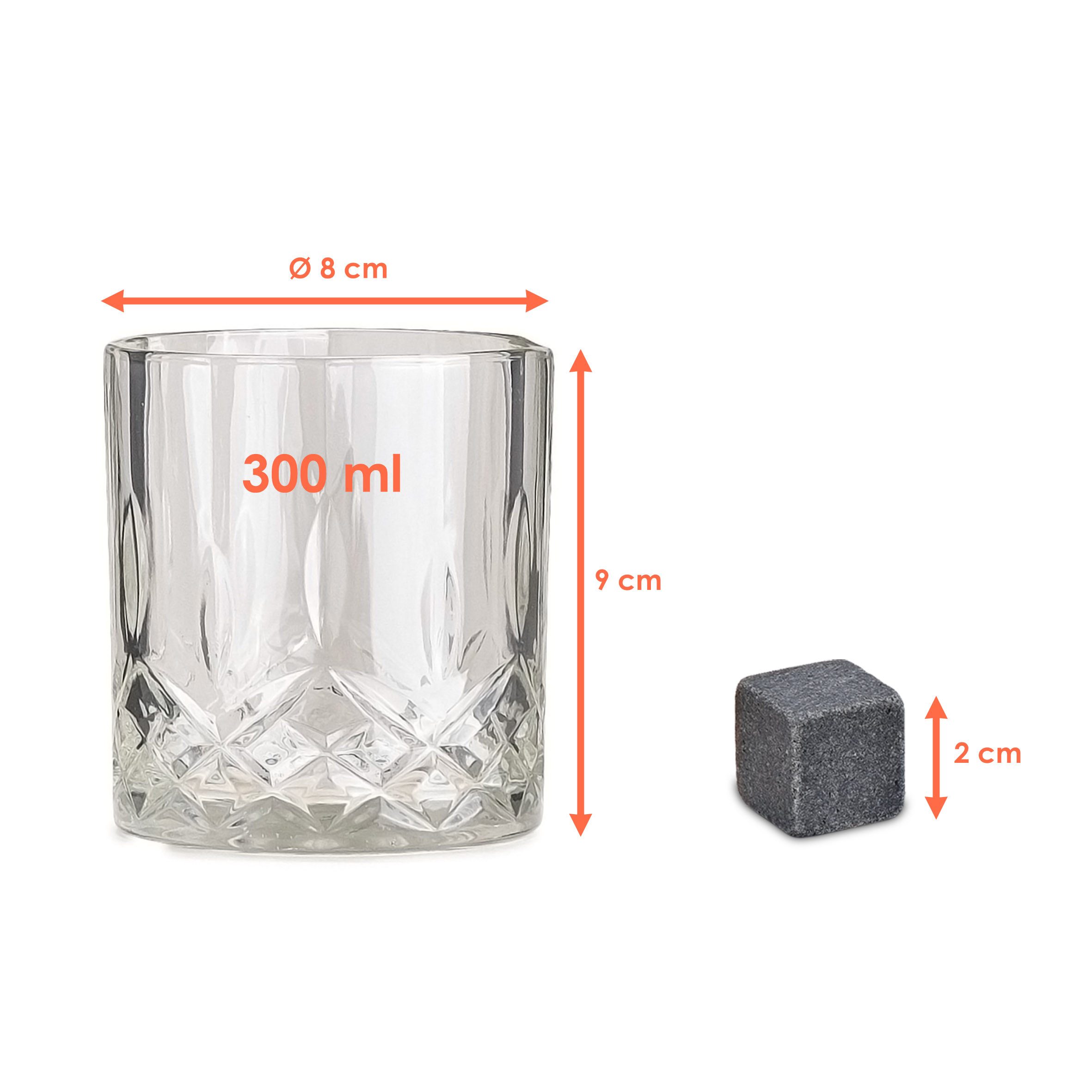 Woma Eiswürfel-Steine Basalt Whisky Steine Geschenk Set in edler Holzbox - 8-teilig, Wiederverwendbare Kühlwürfel mit Glas und Samtbeutel