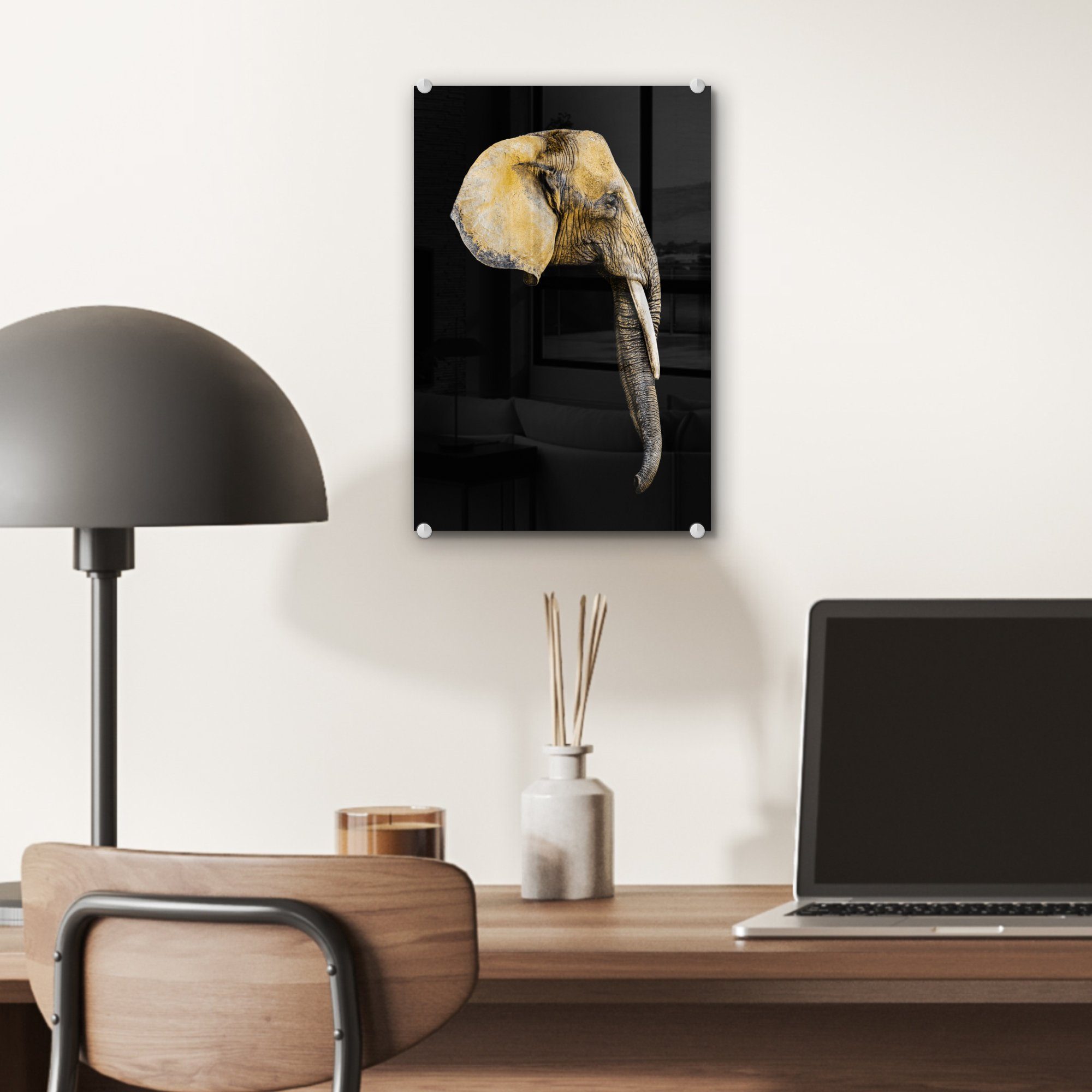 MuchoWow Acrylglasbild Elefant - Wandbild Glasbilder Schwarz, auf - Glas St), Bilder - Kopf - Glas auf (1 Wanddekoration Foto 