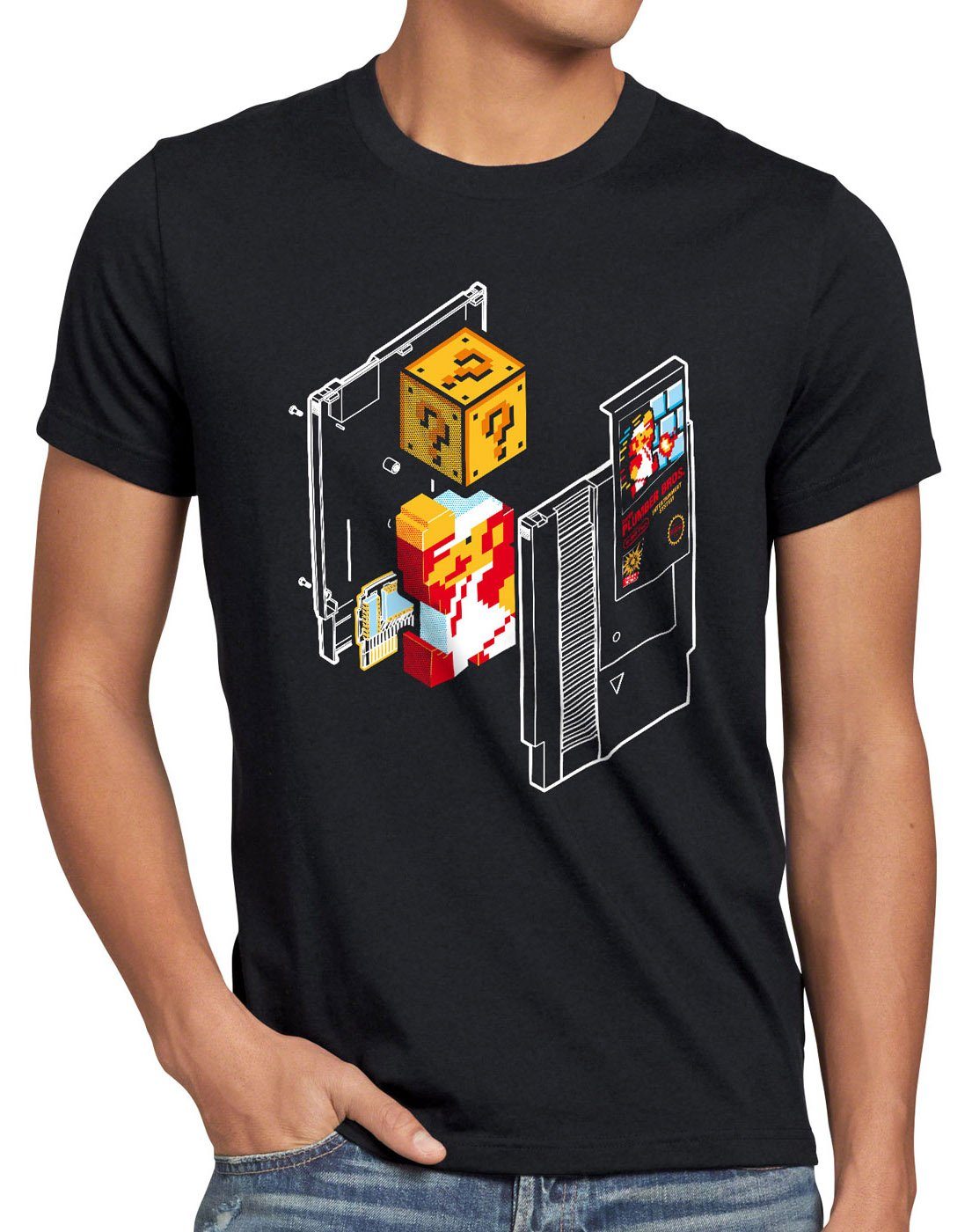 style3 Print-Shirt Herren T-Shirt Plumber Bros nes snes classic mini 8-Bit gamer retro classic schwarz