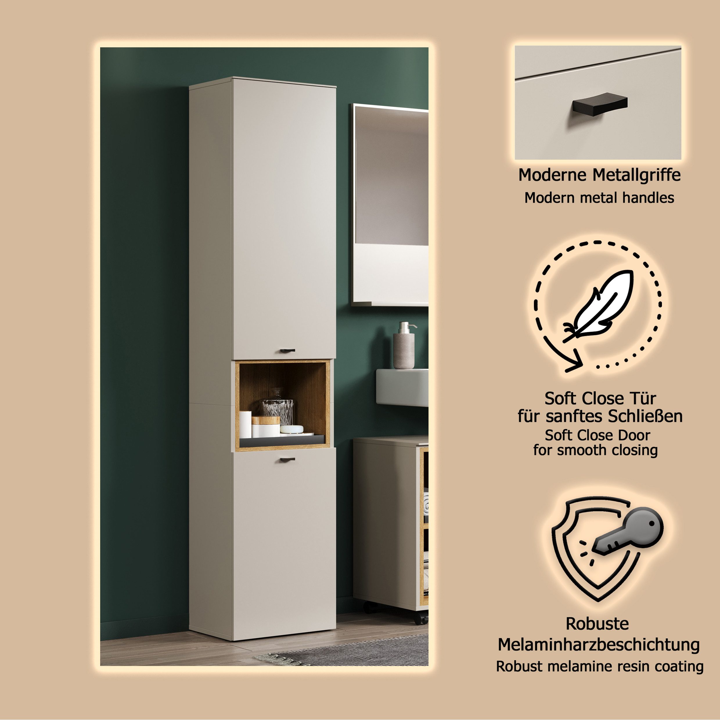 welltime Hochschrank San Pedro (1-St) Badezimmerschrank mit Soft-Close-Funktion - Maße (B/T/H) 40/31/186 cm