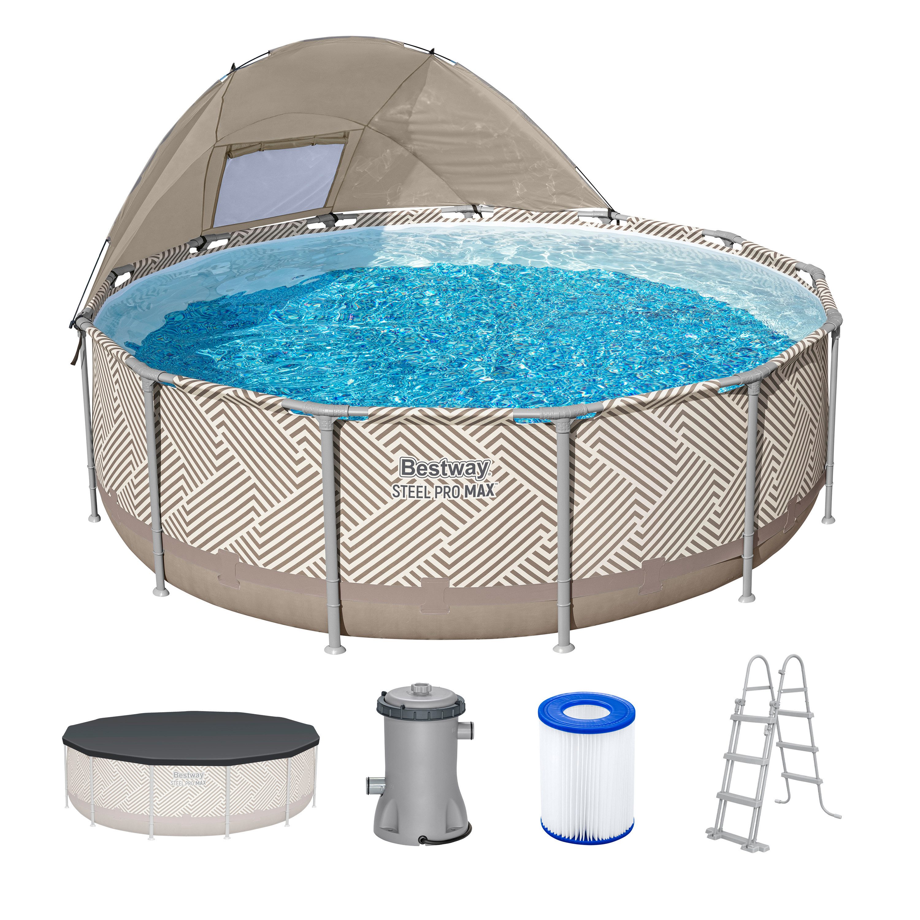 Bestway Framepool Steel Pro MAX™ (Set, Inkl. Filterpumpe, Sicherheitsleiter, Abdeckplane), Ø 396 x 107 cm