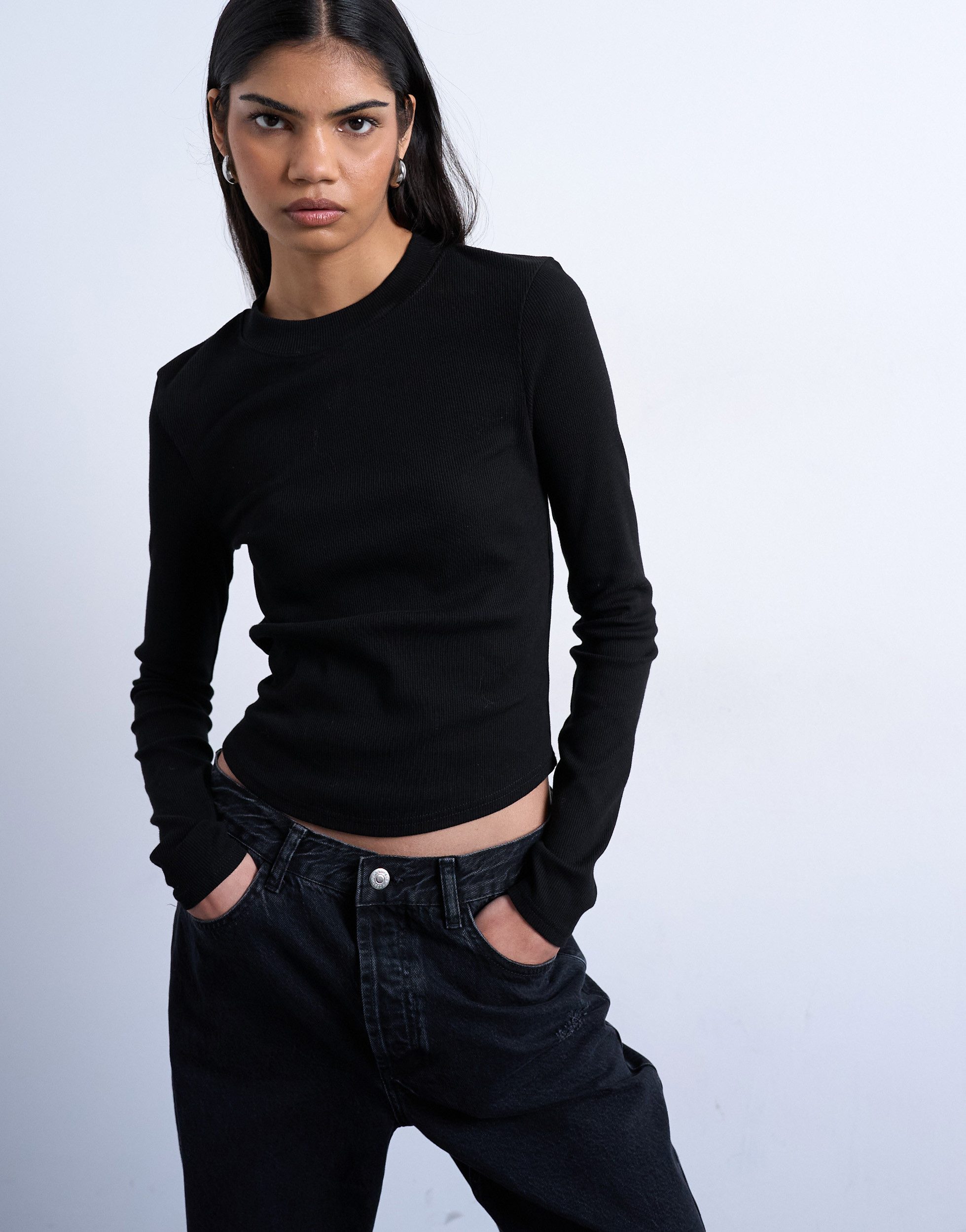 TOPSHOP Langarmshirt TSBEA LS RIB CURVED HEM TOP JRS NOOS Baumwollmischung, normal geschnitten