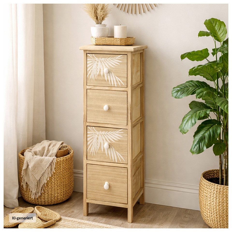 HTI-Living Kommode Kommode Melia schmal 4 Schubladen Palmen-Design Artisaneiche-Weiß (Stück, 1 St., 1 Kommode)