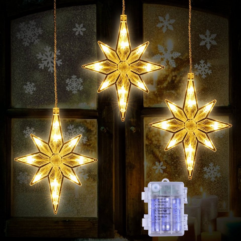 Elegear LED-Lichterkette Betlehem Sterne, LED Fensterbilder für  Fenster/Zimmer mit Haken, IP44, 30-flammig, Weihnachtsstern Deko  Außen/Innen
