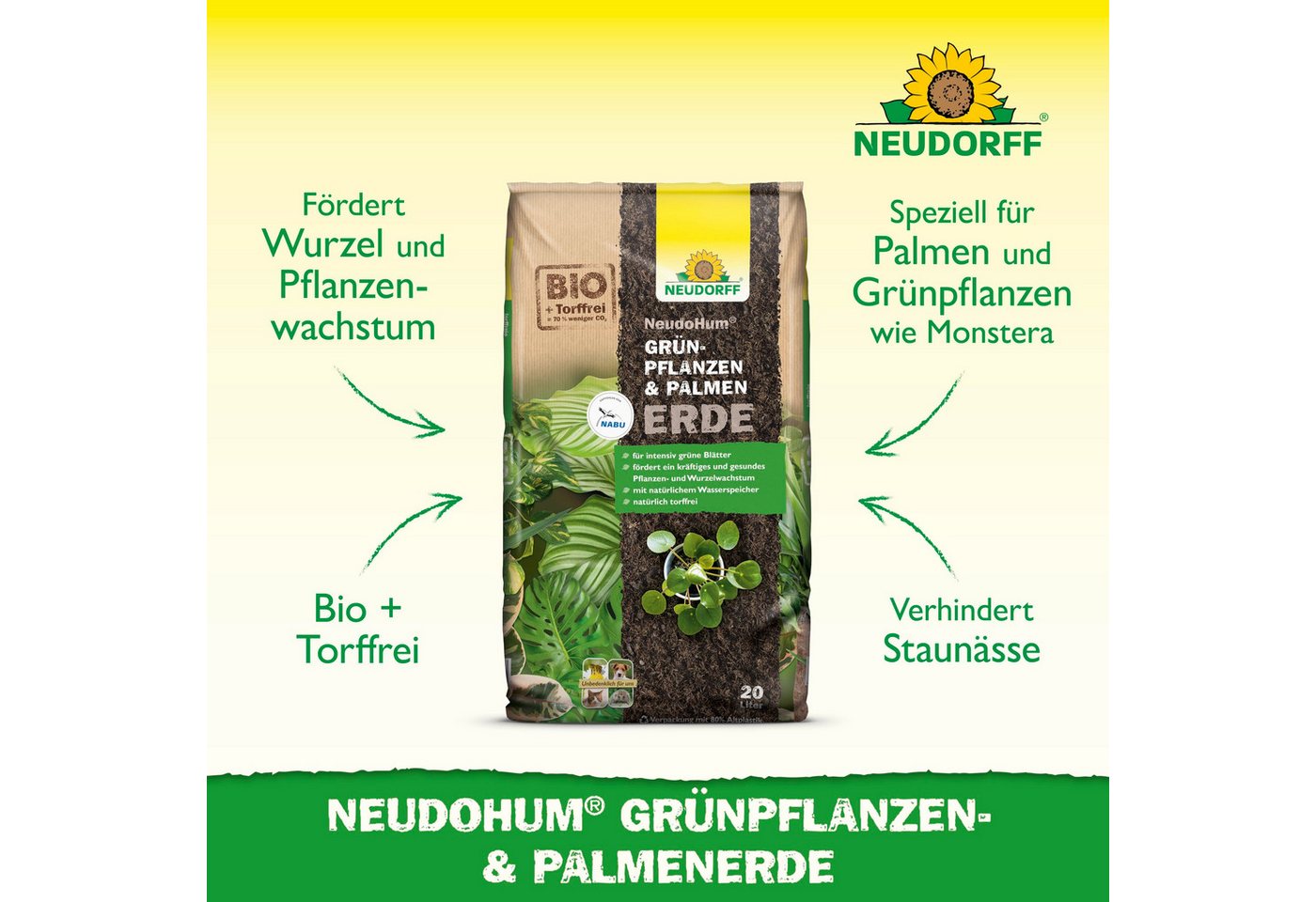 Thumbnail - Neudorff Pflanzerde NeudoHum Grünpflanzen- & PalmenErde 20 Liter, (Torffreie Bio Erde Monstera, fördert gesunde Palmen u...