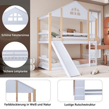 Flieks Etagenbett, Kiefer Kinderbett mit oberem Lattenrost, Rutsche und Leiter 90x200cm