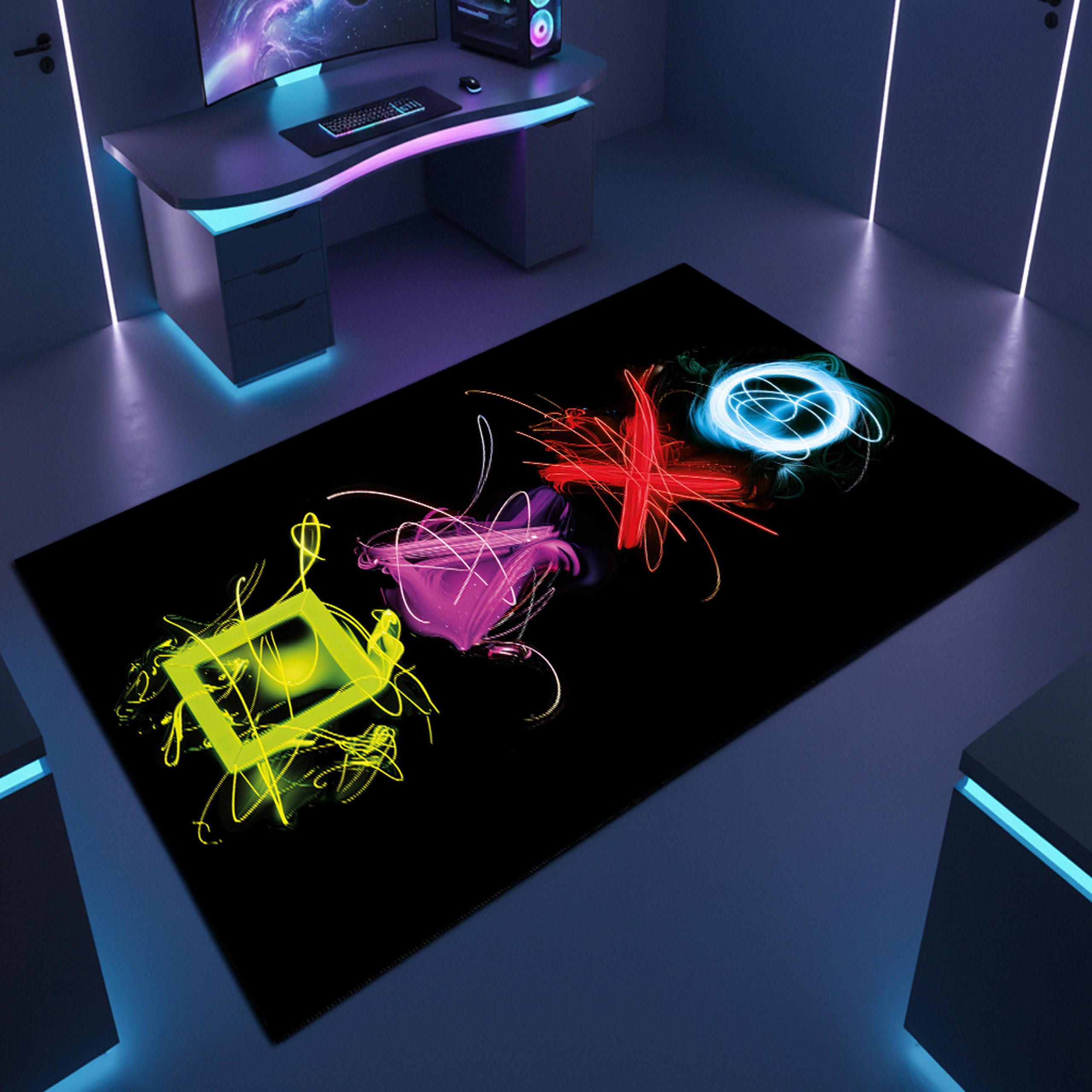 TeppichHome24 Teppich Gaming Teppich mit neonfarbigen Symbolen, rechteckig, pflegeleicht, gleichmäßige Oberfläche, für Fußbodenheizung geeignet