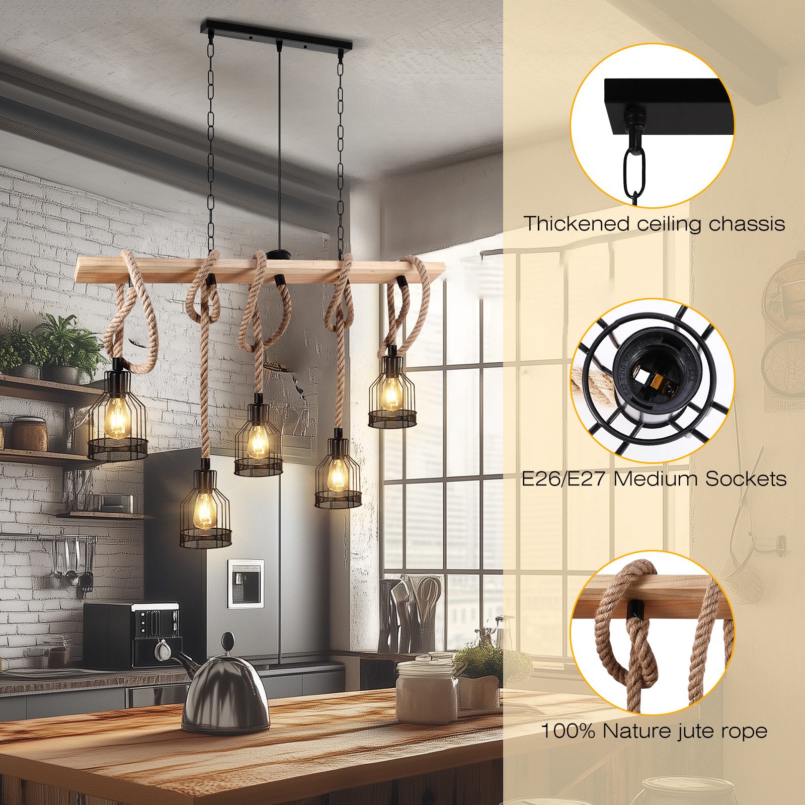 BlingBin Pendelleuchte Vintage Esstischlampe Holz Kronleuchter günstig online kaufen