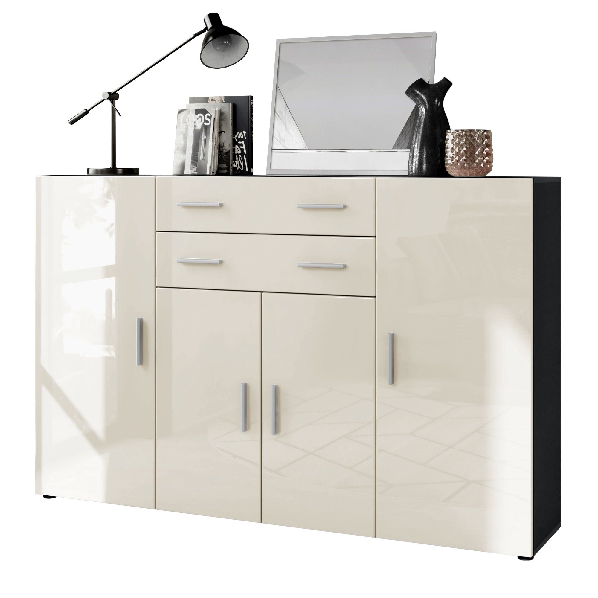 Vladon Highboard Aron (Anrichte, mit 4 Türen und 2 Schubladen), Anthrazit matt/Creme Hochglanz (166,5 x 106,5 x 35 cm)