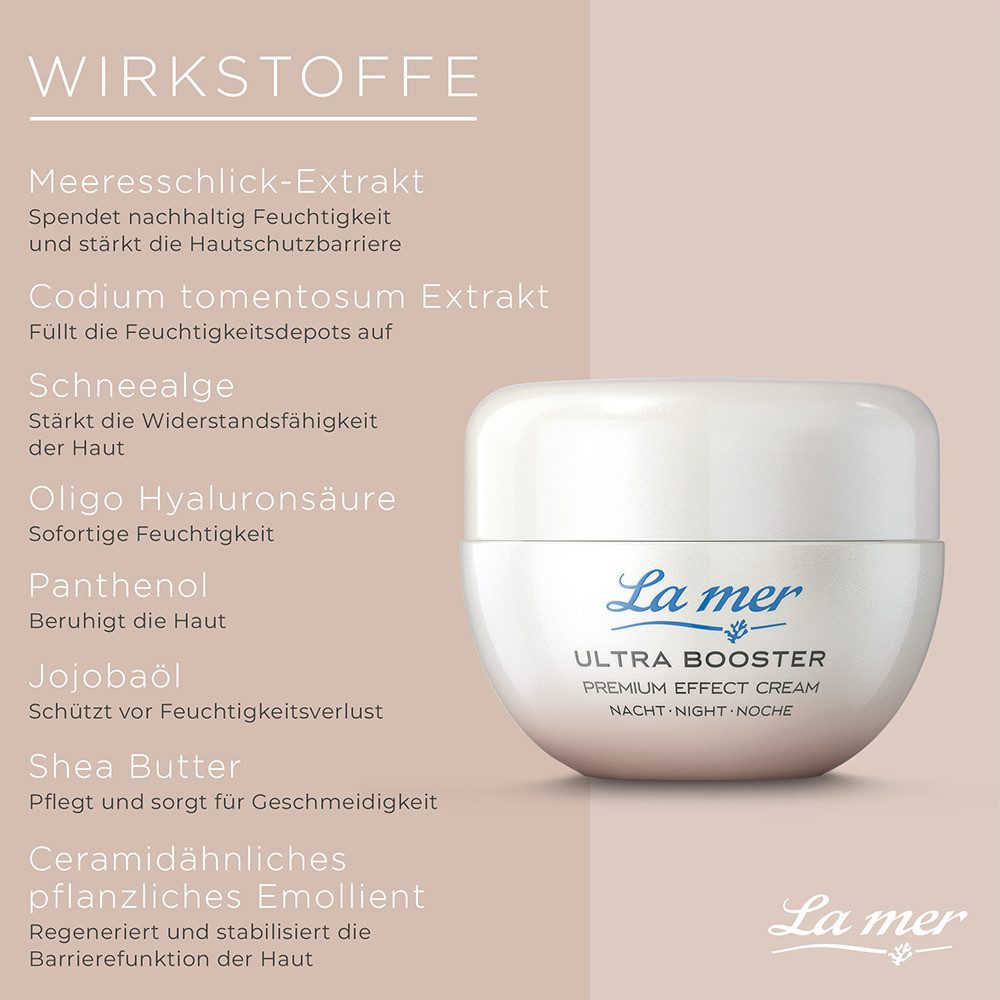 La mer Gesichtspflege Ultra Booster Premium Effect Cream Nacht – Hyaluron Nachtcreme Straffende Nachtpflege mit Hyaluronsäure-Komplex, regeneriert feuchtigkeitsarme Haut über Nacht und verbessert sichtbar die Elastizität
