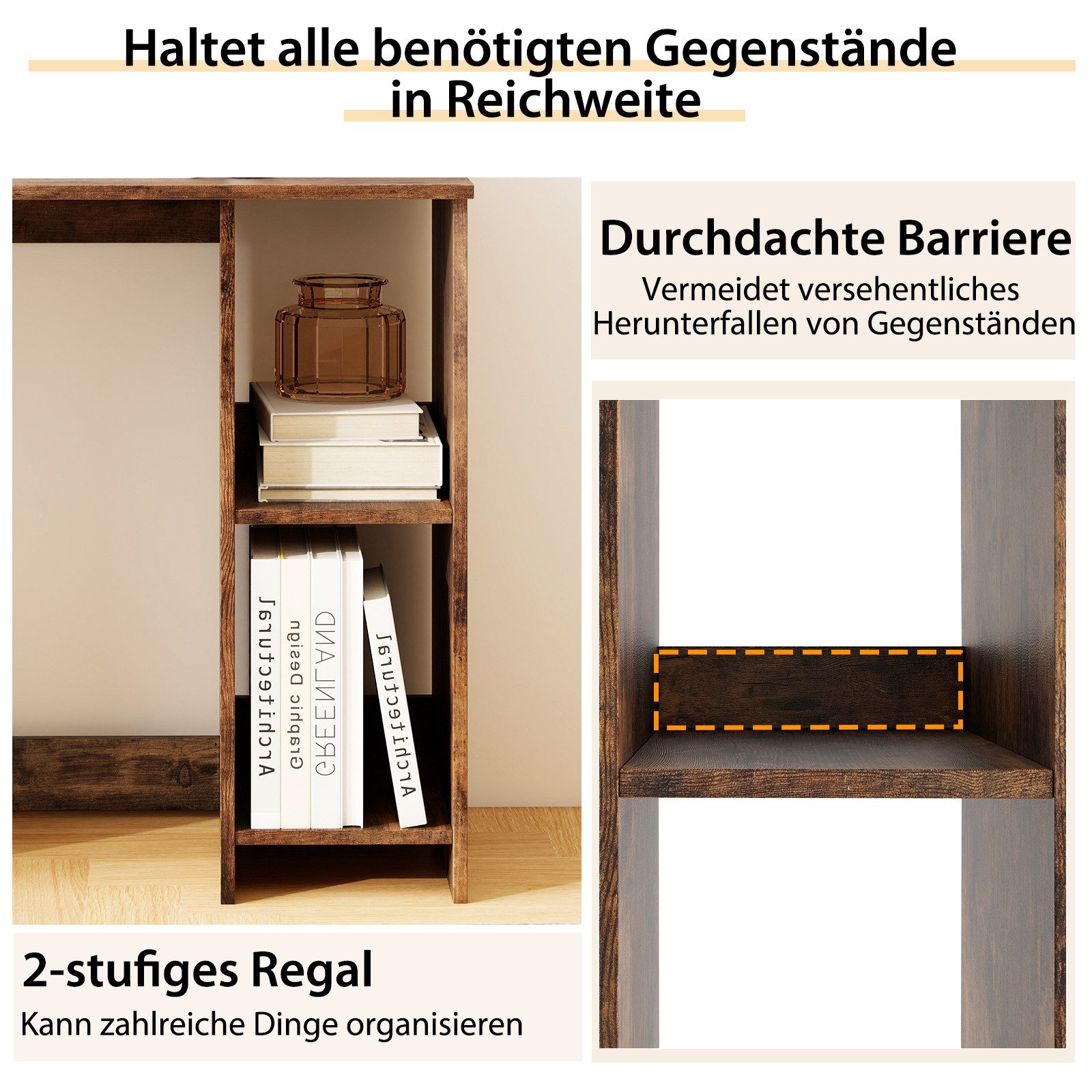 COSTWAY Schreibtisch, mit 2 Fächern, für kleine Räume, bis 130kg, 80x40x74cm
