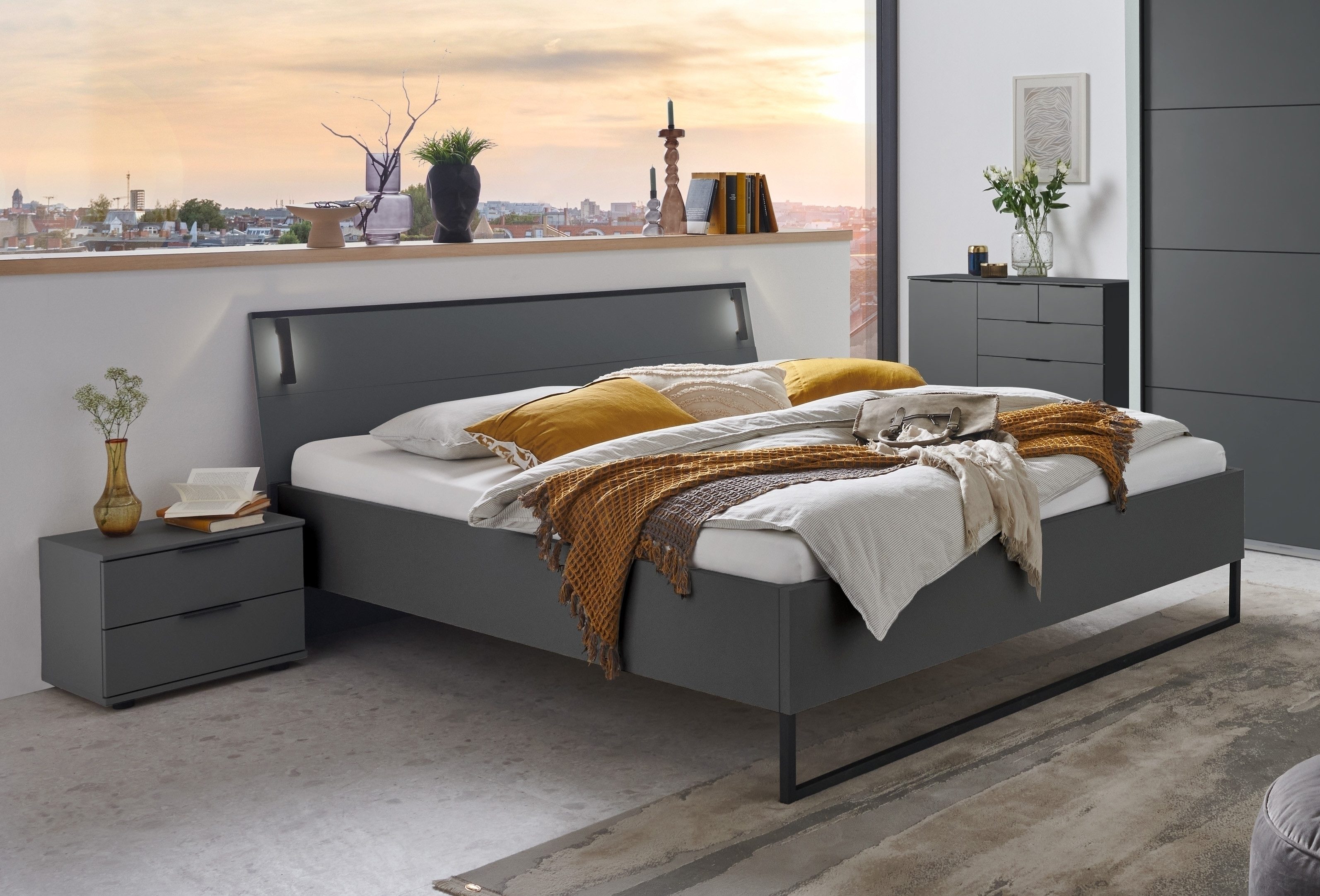 Wimex Bettanlage (4tlg) LED, Bett 168x92x210, Nachtkommoden, Sideboard, Farbe Grafit, (4tlg)