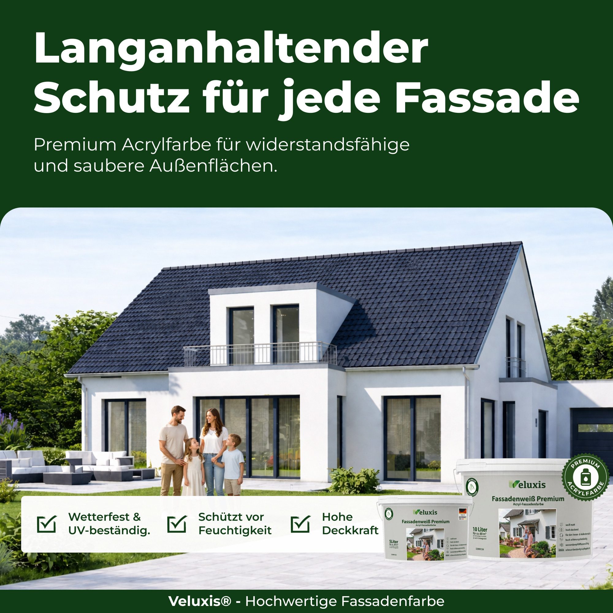 Veluxis Fassadenfarbe Veluxis® Fassadenfarbe Weiß Premium, hochdeckend, wetterbeständig, diffusionsoffen, für den Außenbereich