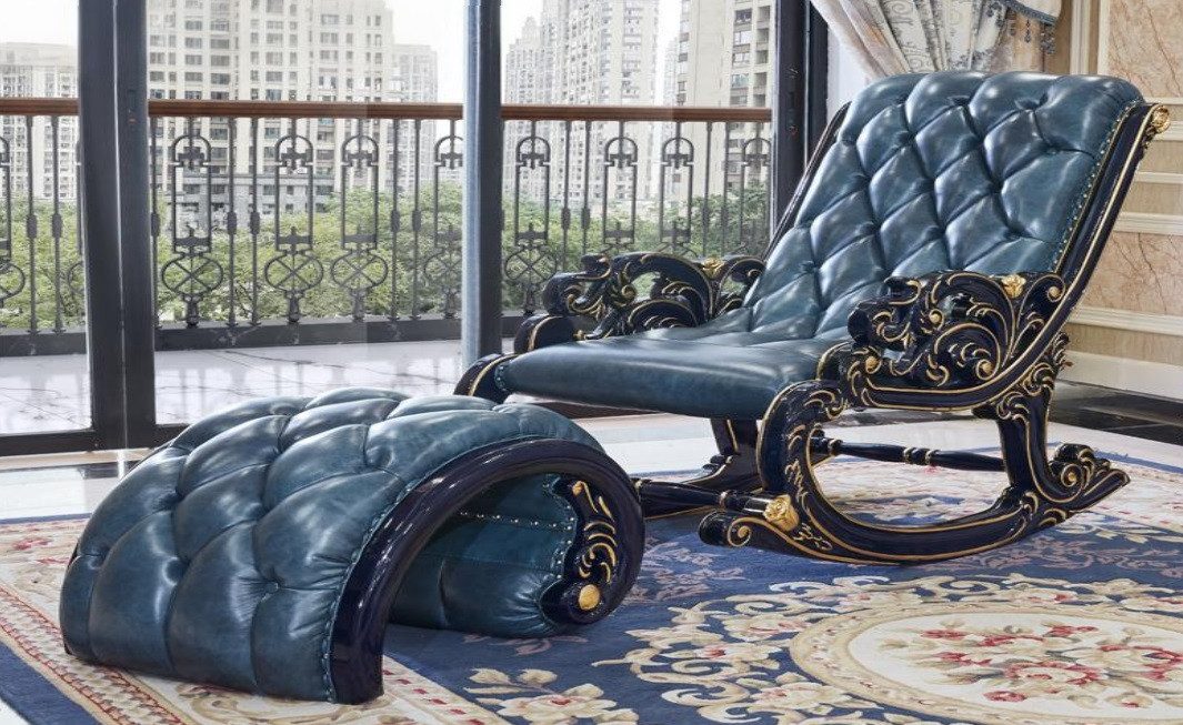 JVmoebel Schaukelstuhl Chesterfield Schaukelstuhl mit Hocker aus Holz und Leder, blau