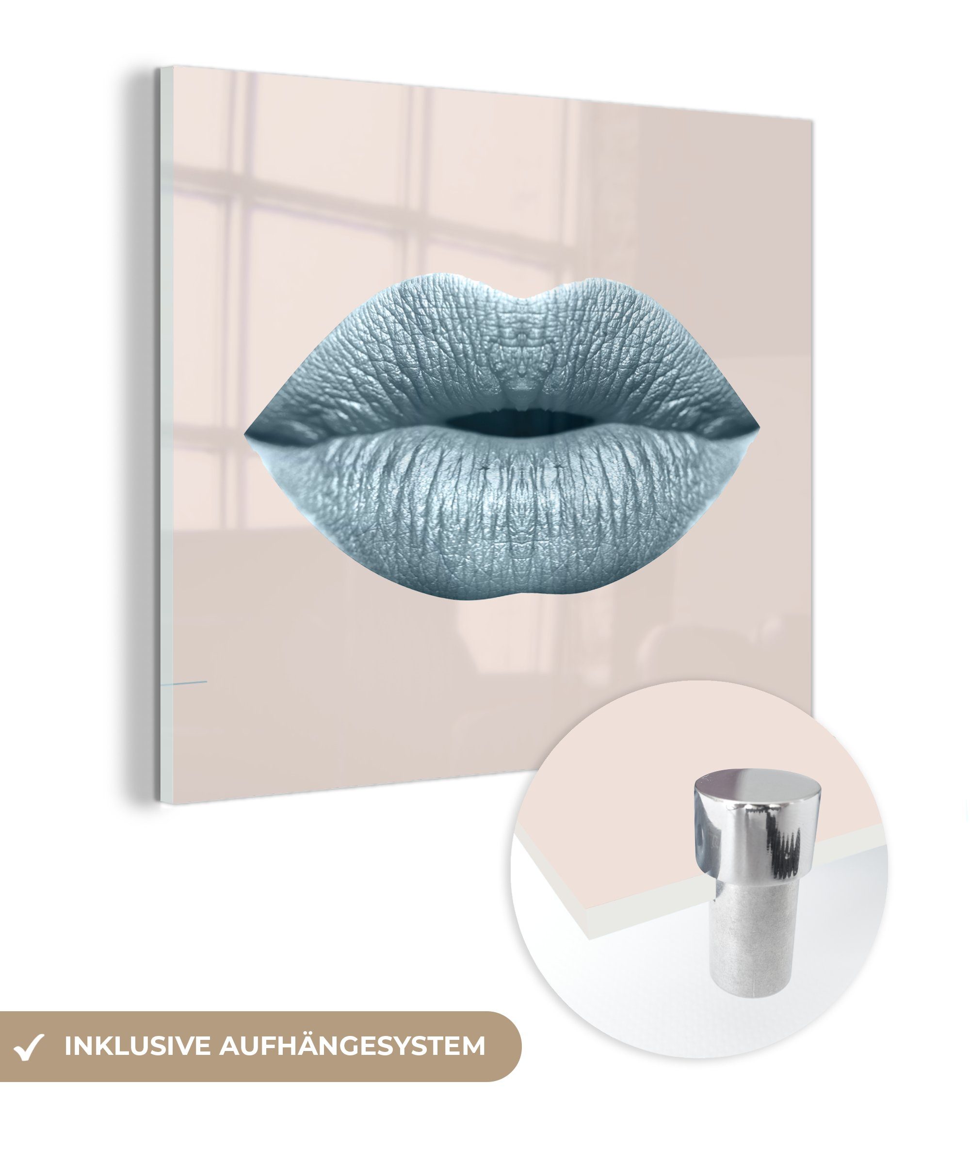 MuchoWow Acrylglasbild Lippen - Pastell - Grau, (1 St), Glasbilder - Bilder auf Glas Wandbild - Foto auf Glas - Wanddekoration