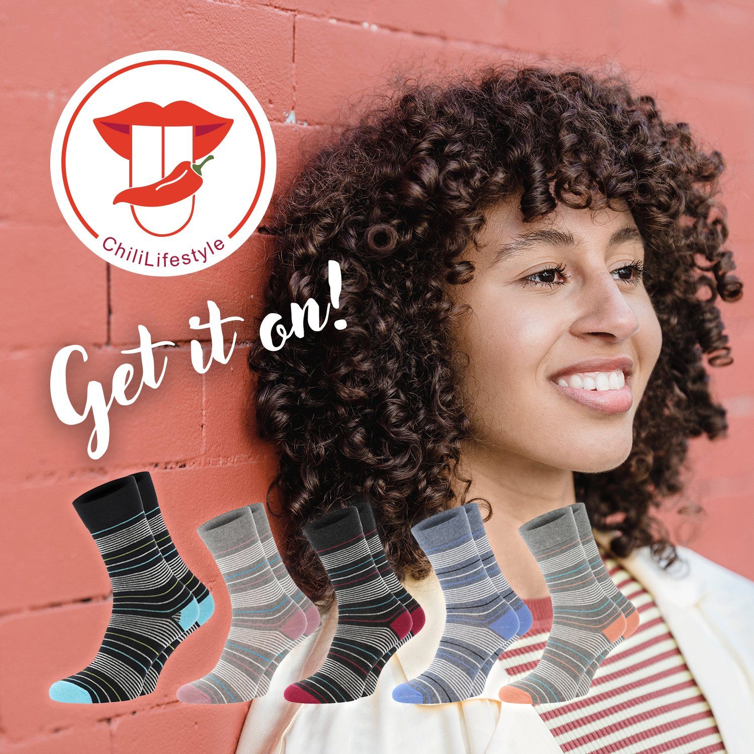 Damen, Baumwolle, Paar, Blau, Lifestyle 5 Socken Streifen Design, Strümpfe Schwarz, Grau Chili