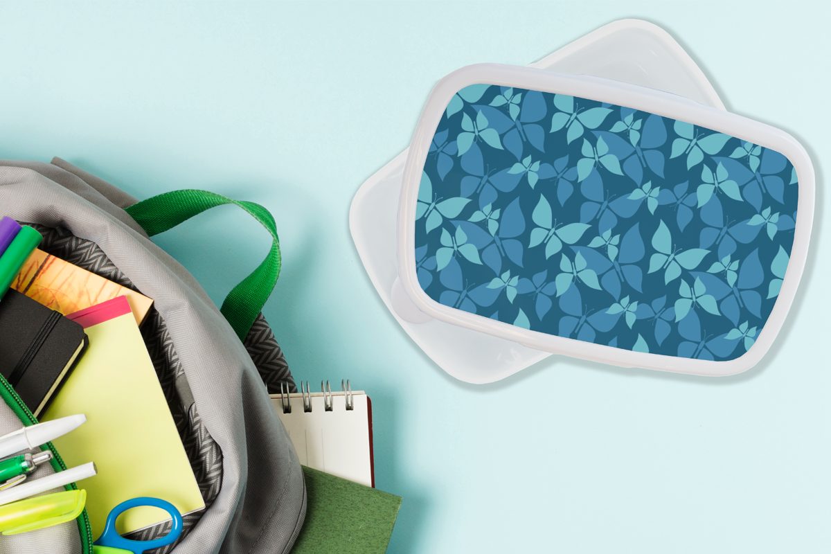 Blau, MuchoWow und Kunststoff, - - Brotdose, Kinder Muster Erwachsene, für (2-tlg), weiß Jungs für Mädchen Lunchbox Schmetterlinge und Brotbox