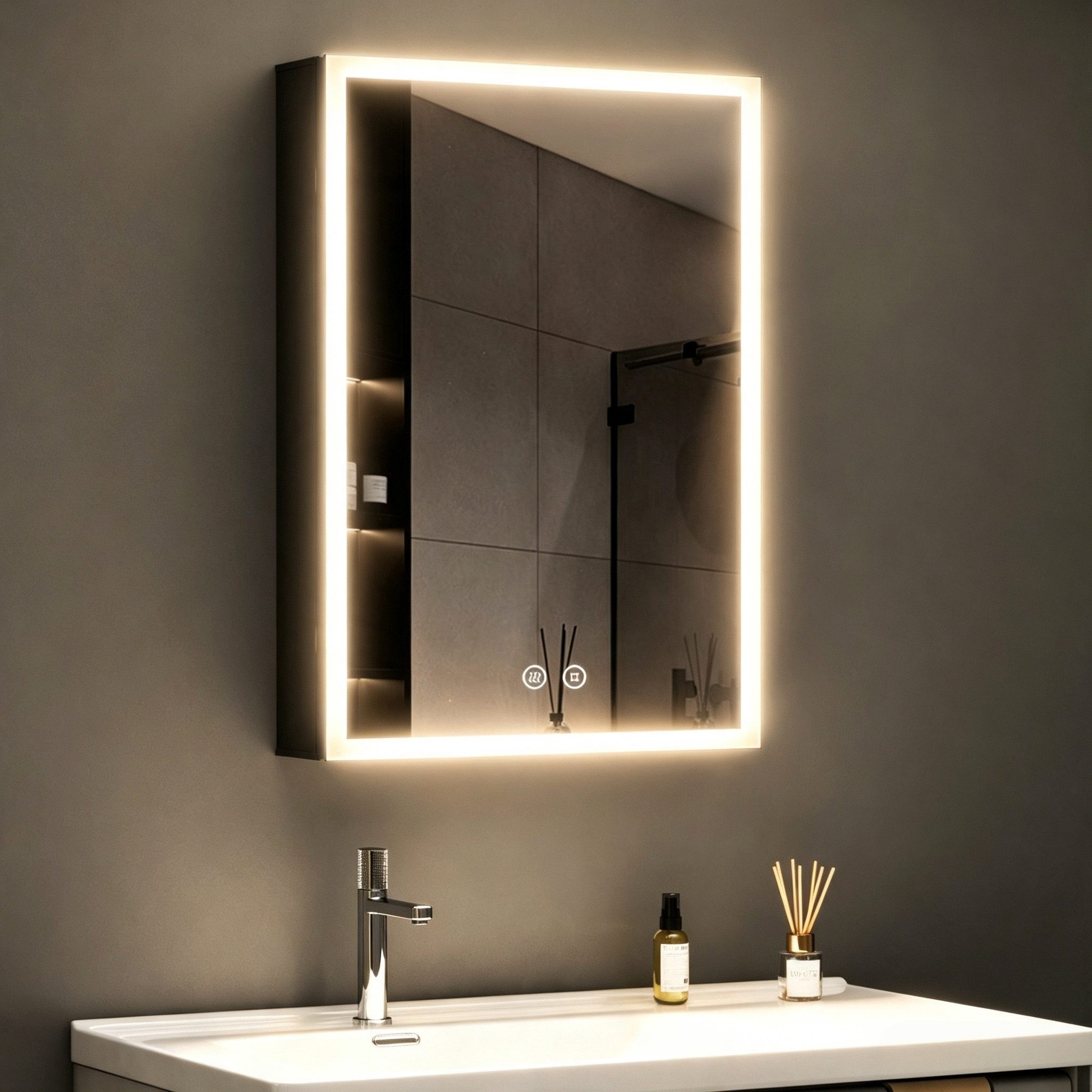 WDWRITTI Spiegelschrank Schwarz mit beleuchtung Hängeschrank 3Lichtfarben Dimmbar Anti-fog (Badezimmerspiegelschrank mit LED, Speicherfunktion, 1 türen 50x70cm, 40x60cm, Doppelseitiger Spiegel, Alu-Schranktür) Full Surround Light Strip, mit Netzadapter