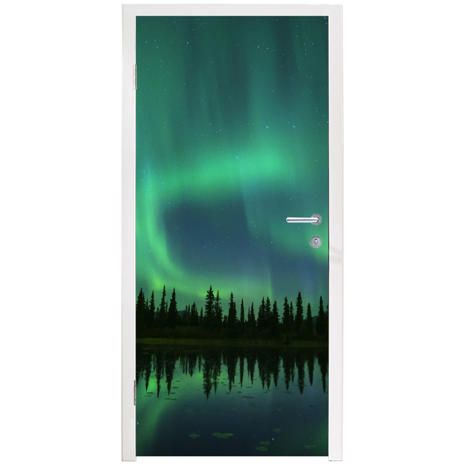 - St), Bäume cm bedruckt, Alaska, Wasser MuchoWow - Tür, Nordlicht Türaufkleber, Türtapete für 75x205 Fototapete Matt, - (1