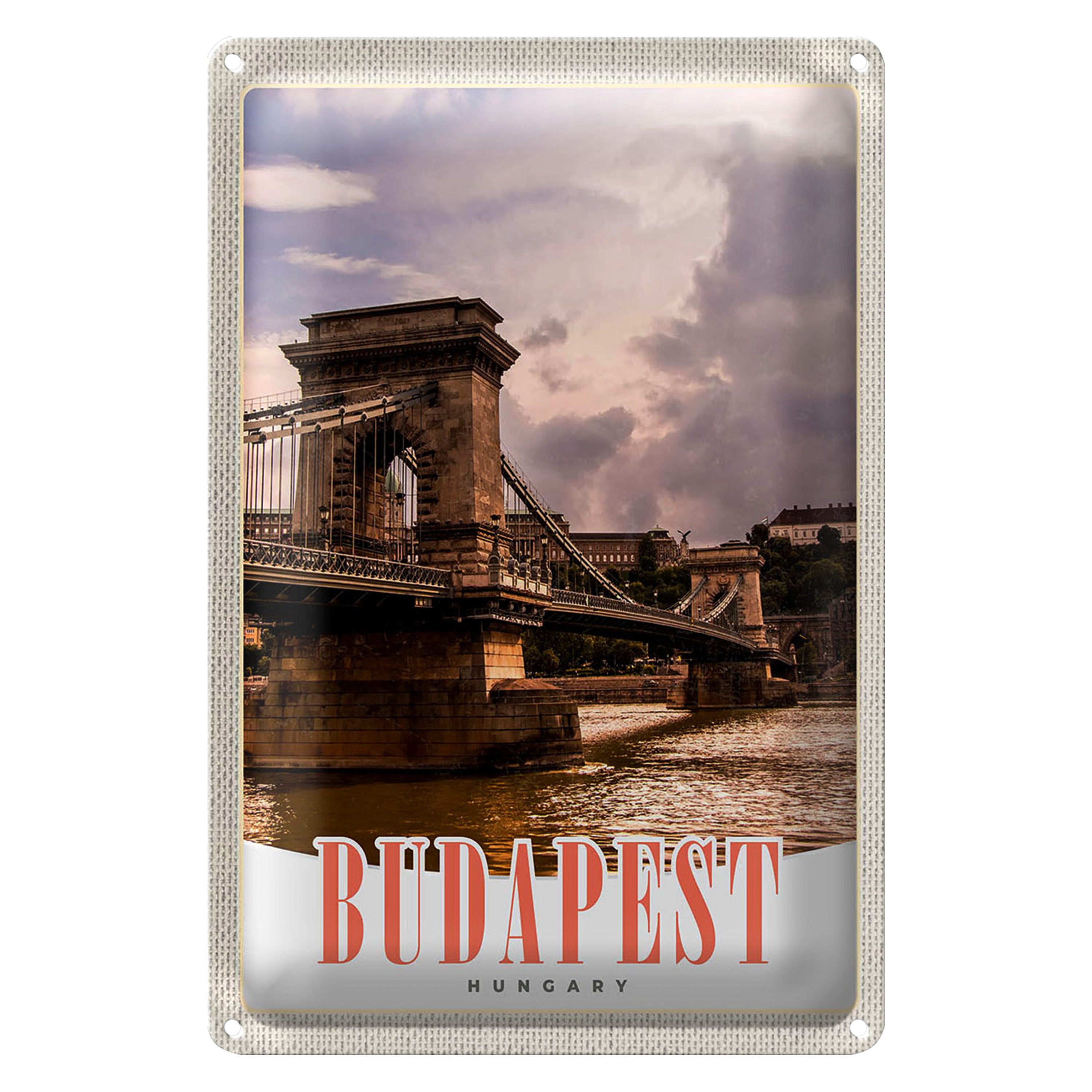 Roomando Metallschild Reise 12x18cm Budapest Ungarn Brücke Fluss Stadt