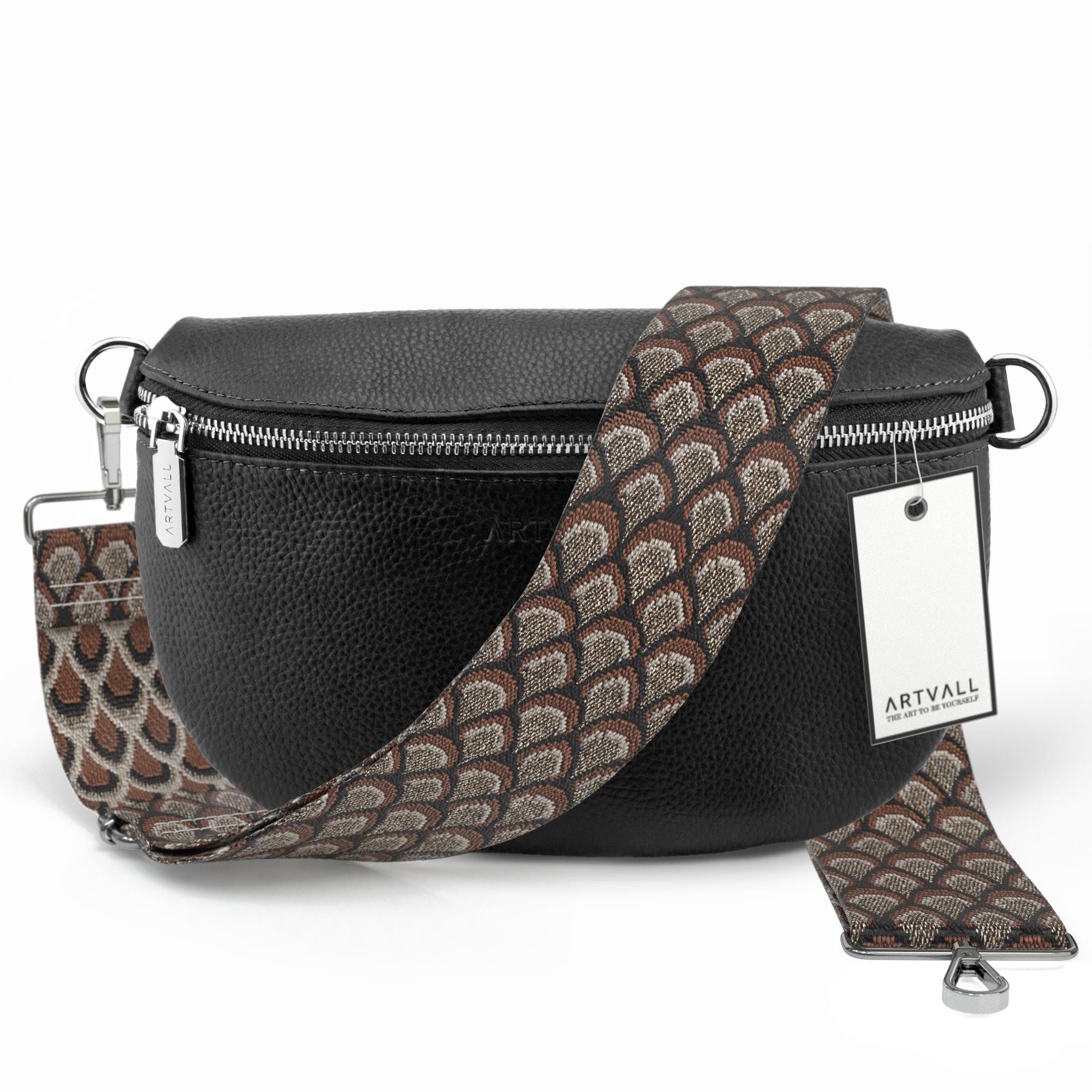 ARTVALL Umhängetasche Echtleder Handtasche Damen Brusttasche Schwarz (Tasche inkl. Taschenband), Leder Bauchtasche klein breiter Schulterriemen abnehmbarer Taschengurt