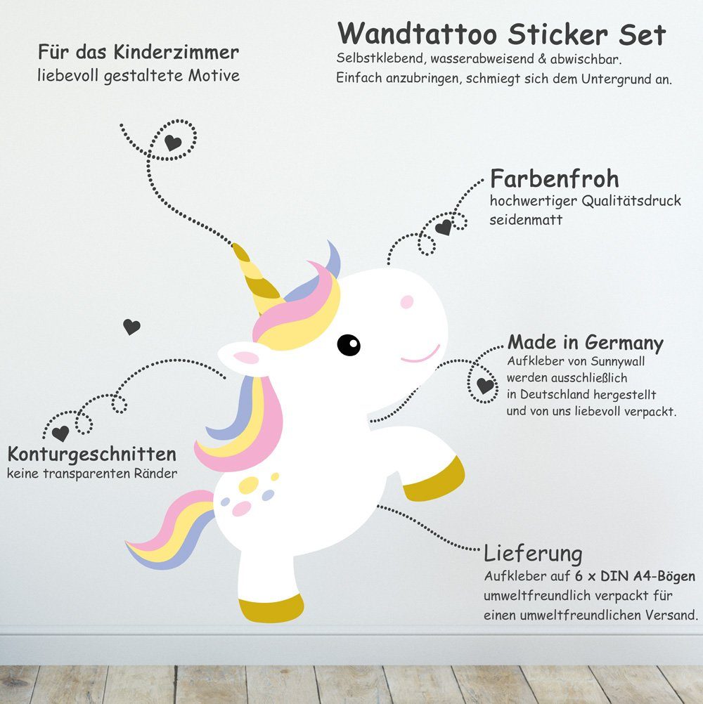 Sunnywall Wandtattoo Cute Unicorn - Einhorn - Wandtattoo Kinderzimmer Baby (6 St), konturgeschnitten – Bild 2 von 5