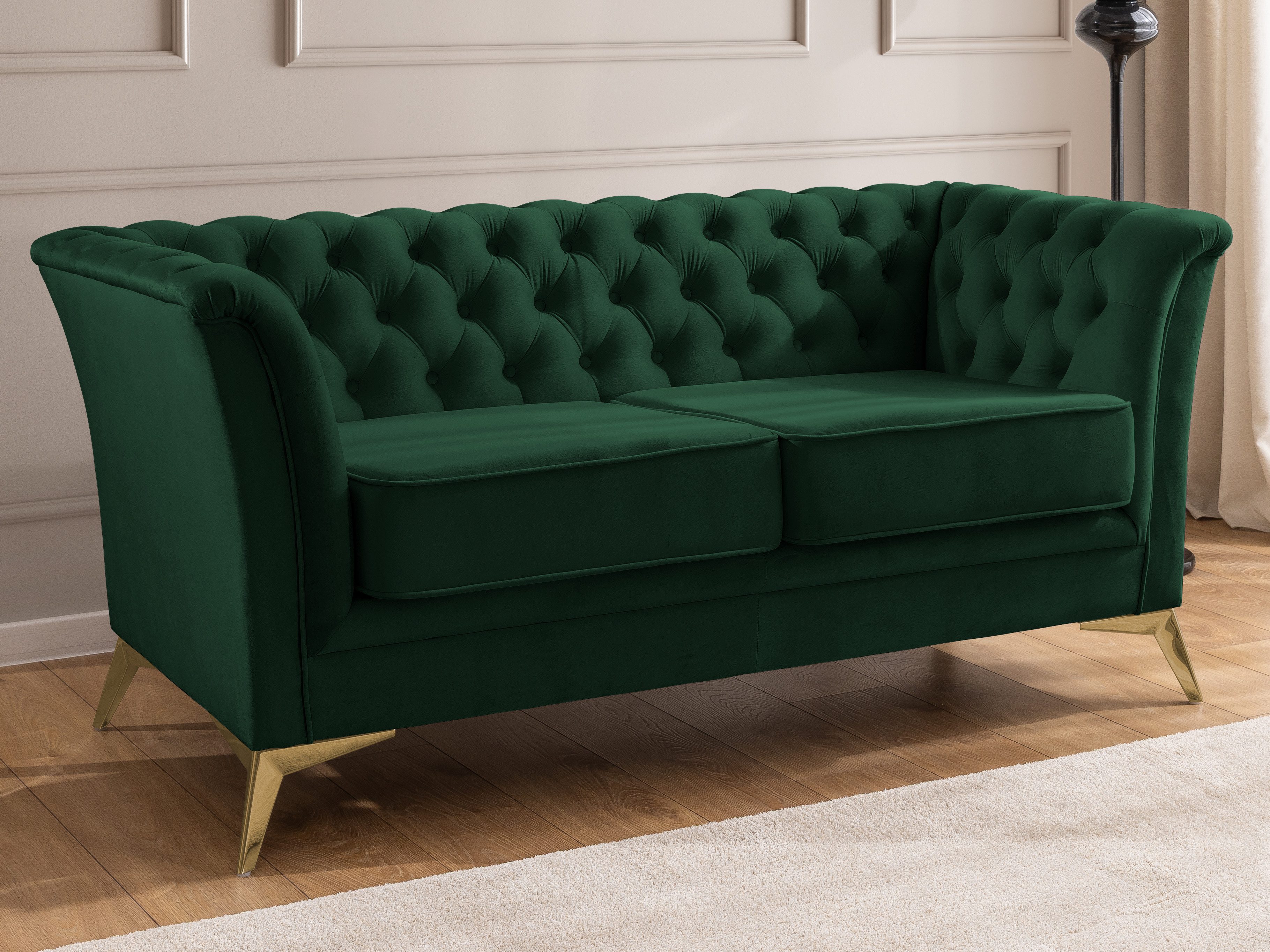 S-Style Möbel Chesterfield-Sofa Whitby, 2-Sitzer aus Samt mit goldenen, silbernen oder schwarzen Füßen, mit Wellenfederung