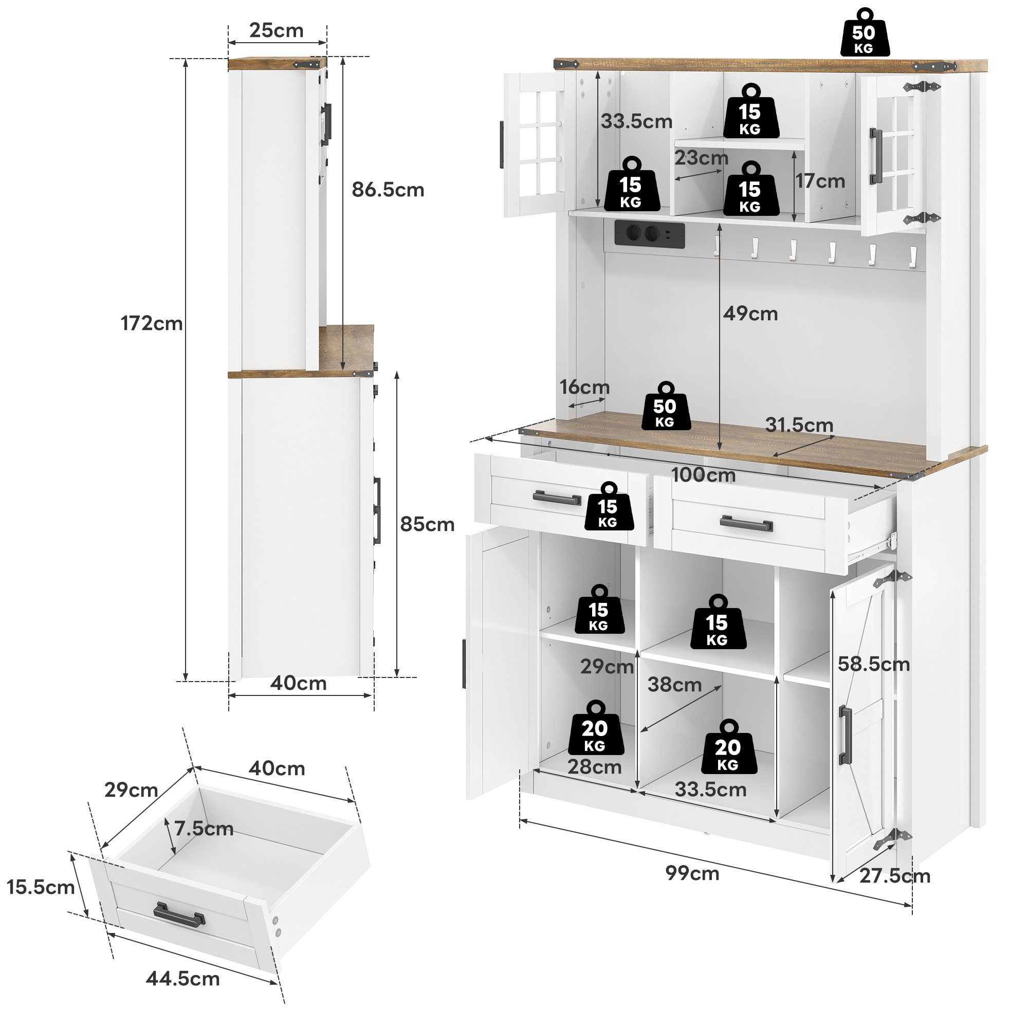 Welltin Barschrank Barschrank mit LED-Beleuchtung und integrierten Steckdosen Buffetschrank im Scheunentor Design mit verstellbaren Böden