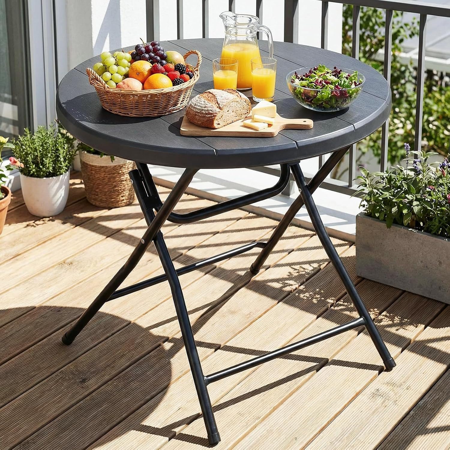 TLGREEN Gartentisch Rund Klappbar - 80cm Holz-Optik Wetterfest Balkontisch (Tragfähigkeit bis 50kg, Pflegeleicht Campingtisch), für Garten, Picknick, Party, Innen- & Außengebrauch