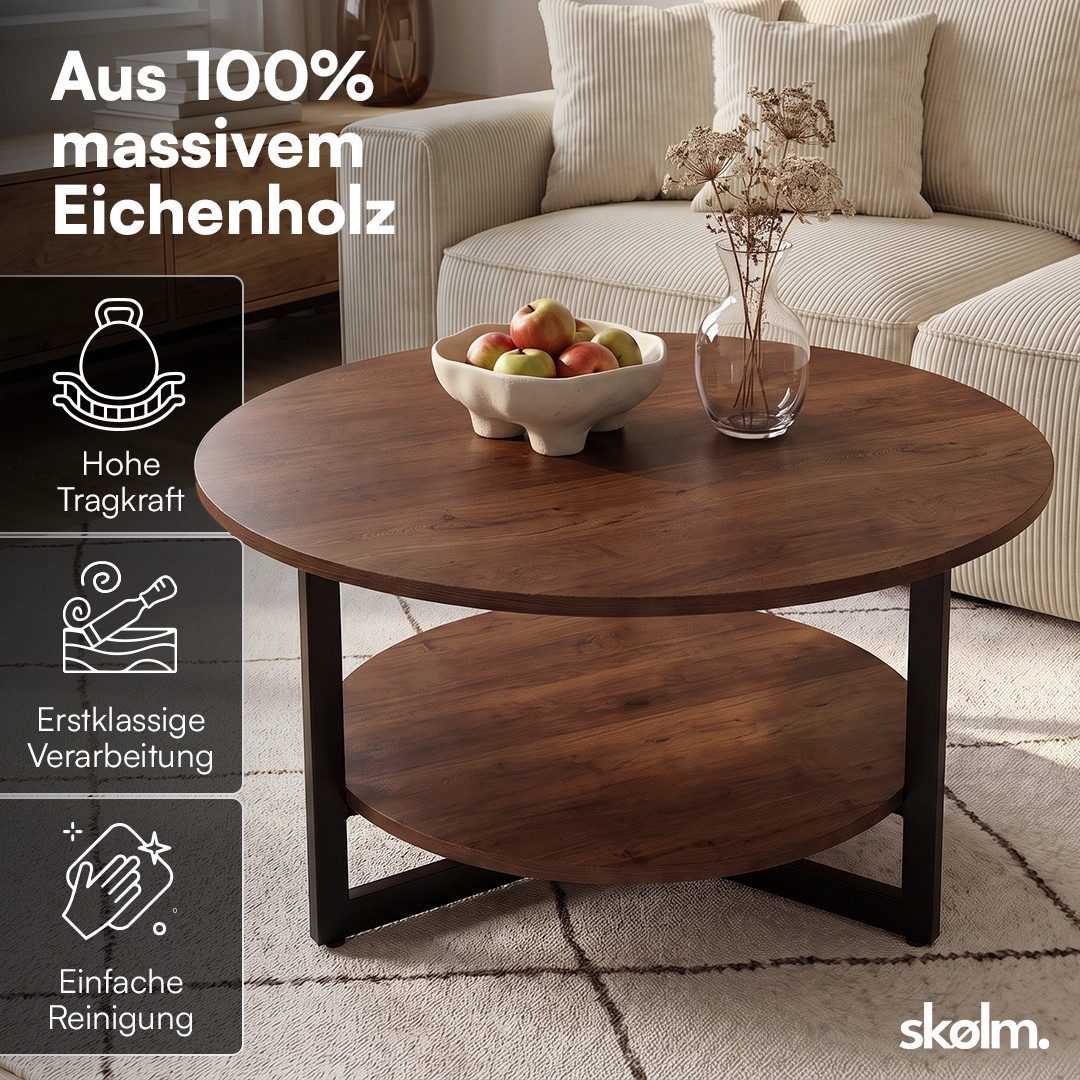 skølm Couchtisch Drakkar aus Massivholz Eiche, Tisch mit Metallgestell (Walnussoptik), Wohnzimmertisch Ø70 cm mit 2 Ablageflächen – Bild 2 von 5