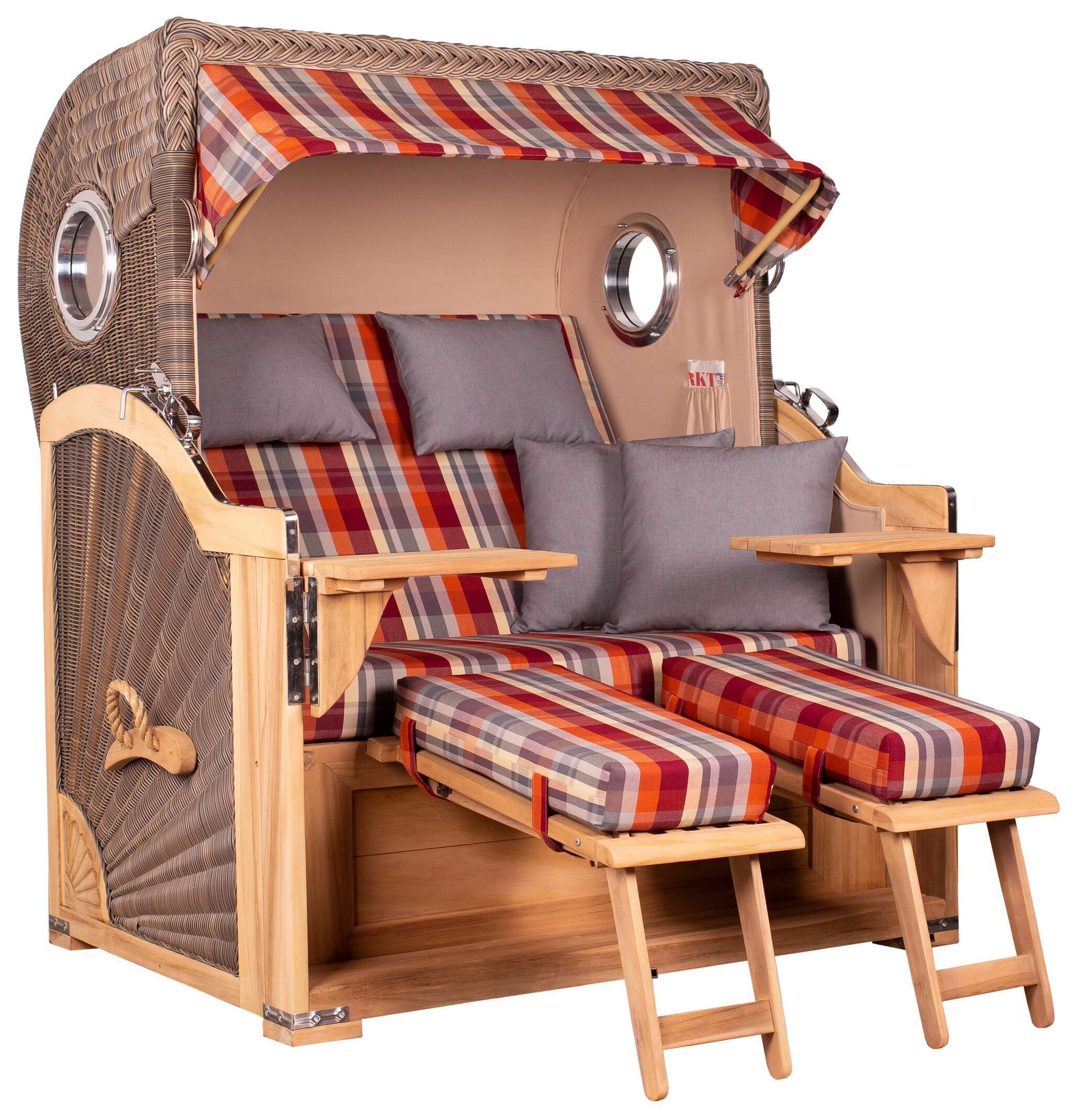 MR.DEKO Strandkorb XXL Baltikum 2,5-Sitzer Bullauge Teak PE Grey 142x170x95, BxTxH: 142x95x170 cm, Volllieger, Baltikum, (Wetterfester 2,5-Sitzer Strandkorb für Garten, Terrasse & Balkon), Volllieger mit Stauraum, Bullaugen & Edelstahl – komplett montiert