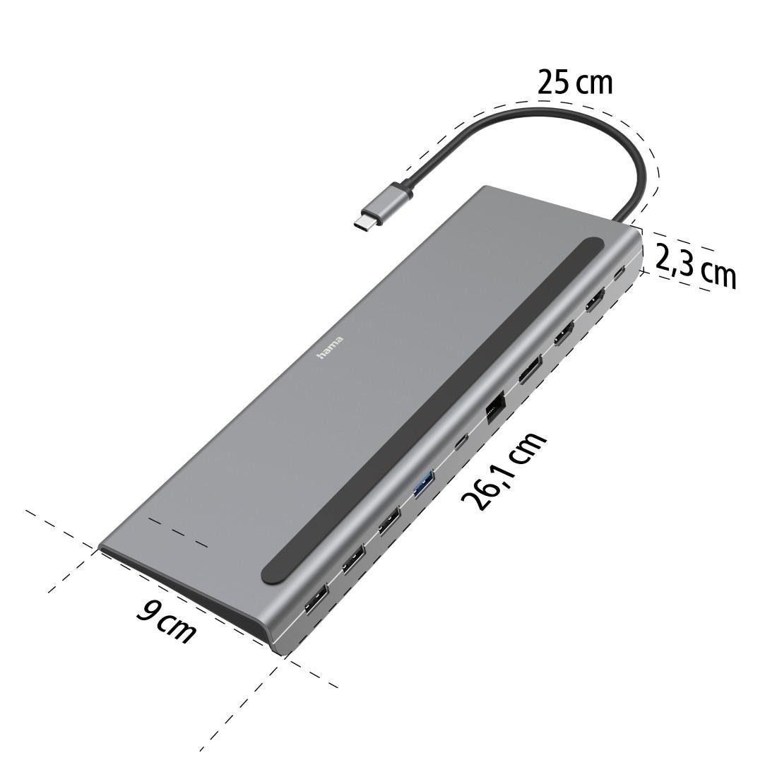 Hama Dockingstation USB C mit 10 Ports für Laptop und PC USB-Adapter USB Typ C zu DisplayPort, HDMI, RJ-45 (Ethernet), USB 2.0, USB 3.1 Gen 1, USB-C, 25 cm