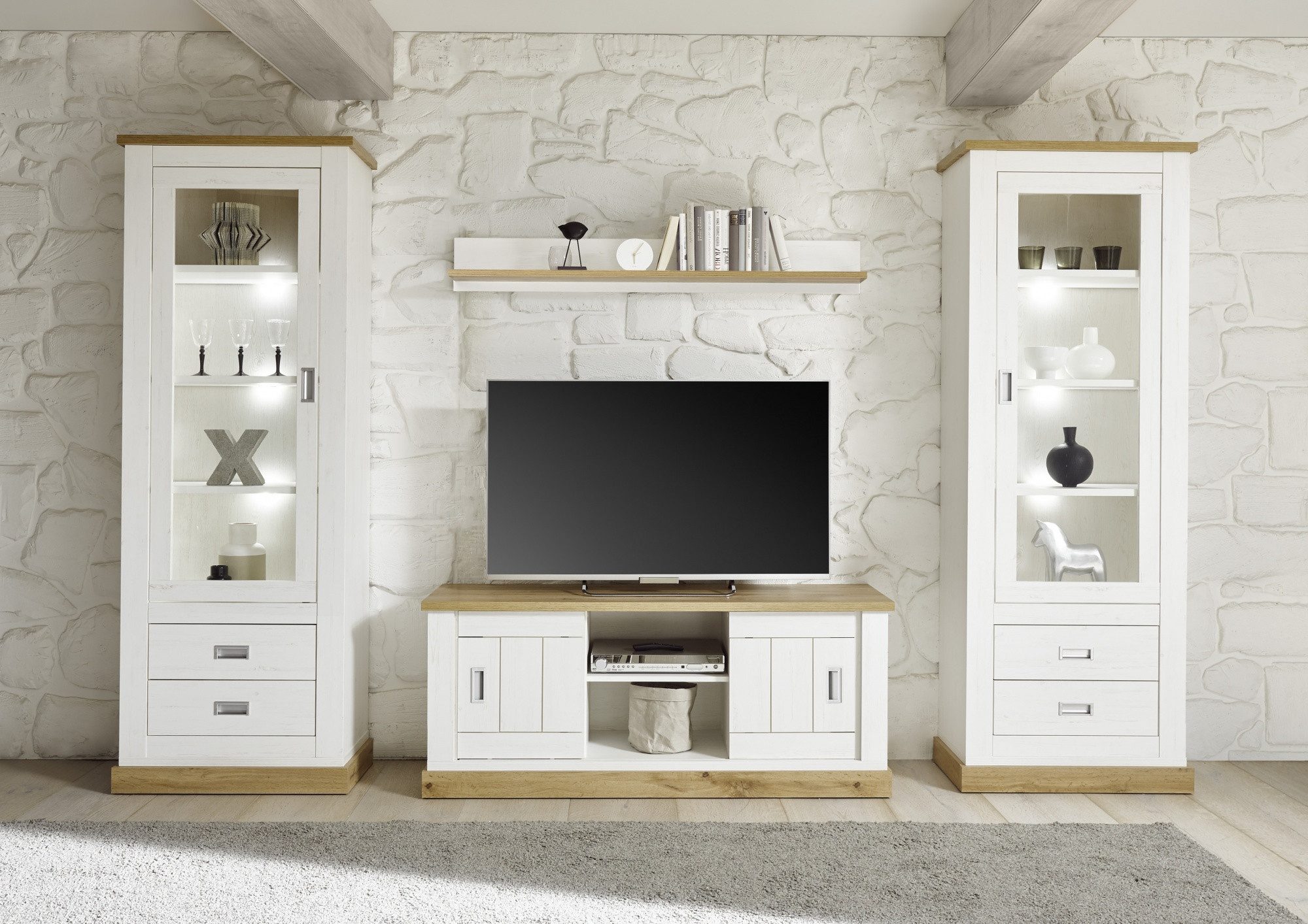 Beauty.Scouts Wohnzimmer-Set Kombination "Hamptons", Pinie Weiss Dekor, 324x204x46 mit Beleuchtung