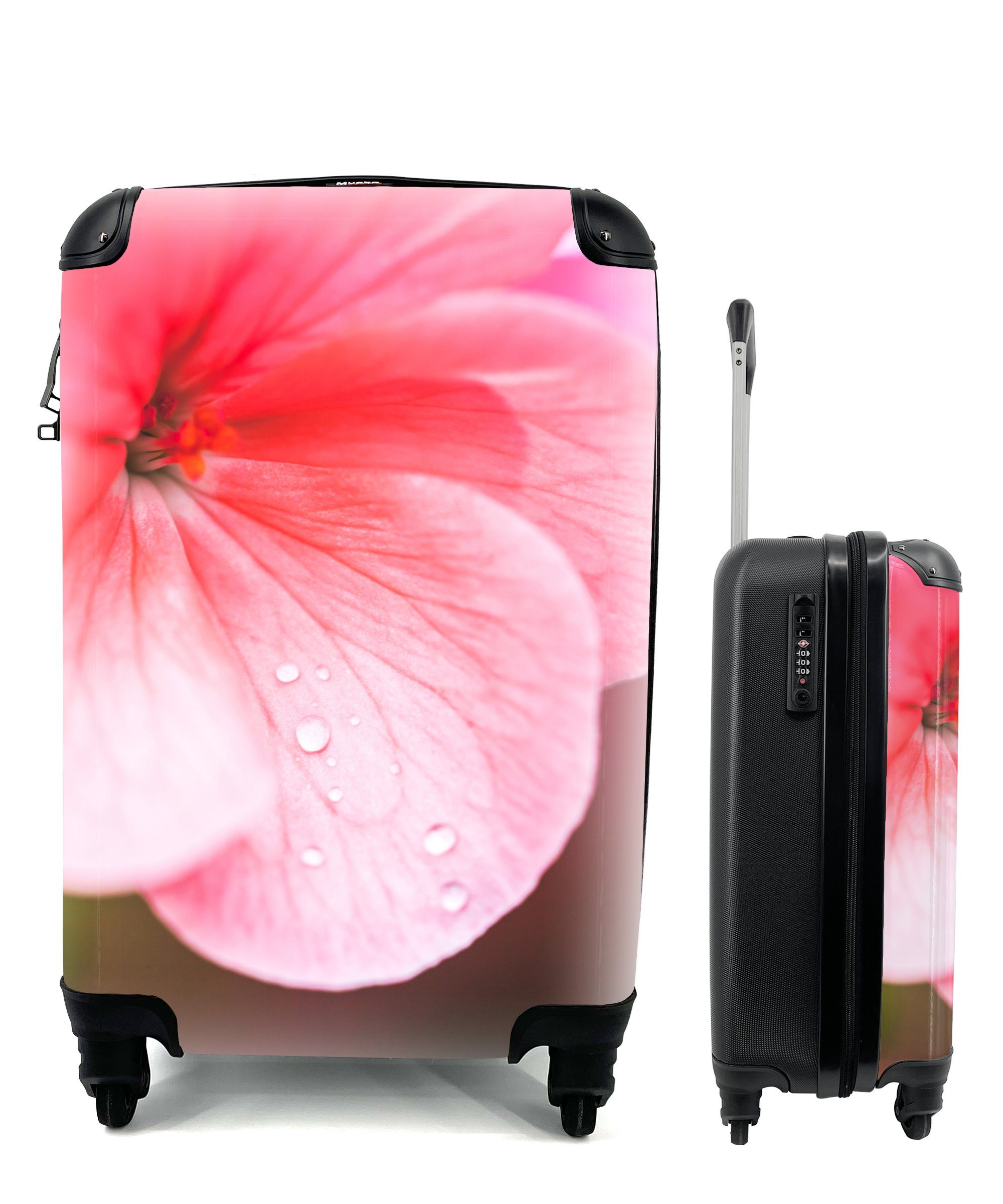 Reisekoffer Handgepäckkoffer rosa mit Rollen, Wassertropfen für der Geranie, rollen, Reisetasche Ferien, auf Trolley, 4 MuchoWow Handgepäck