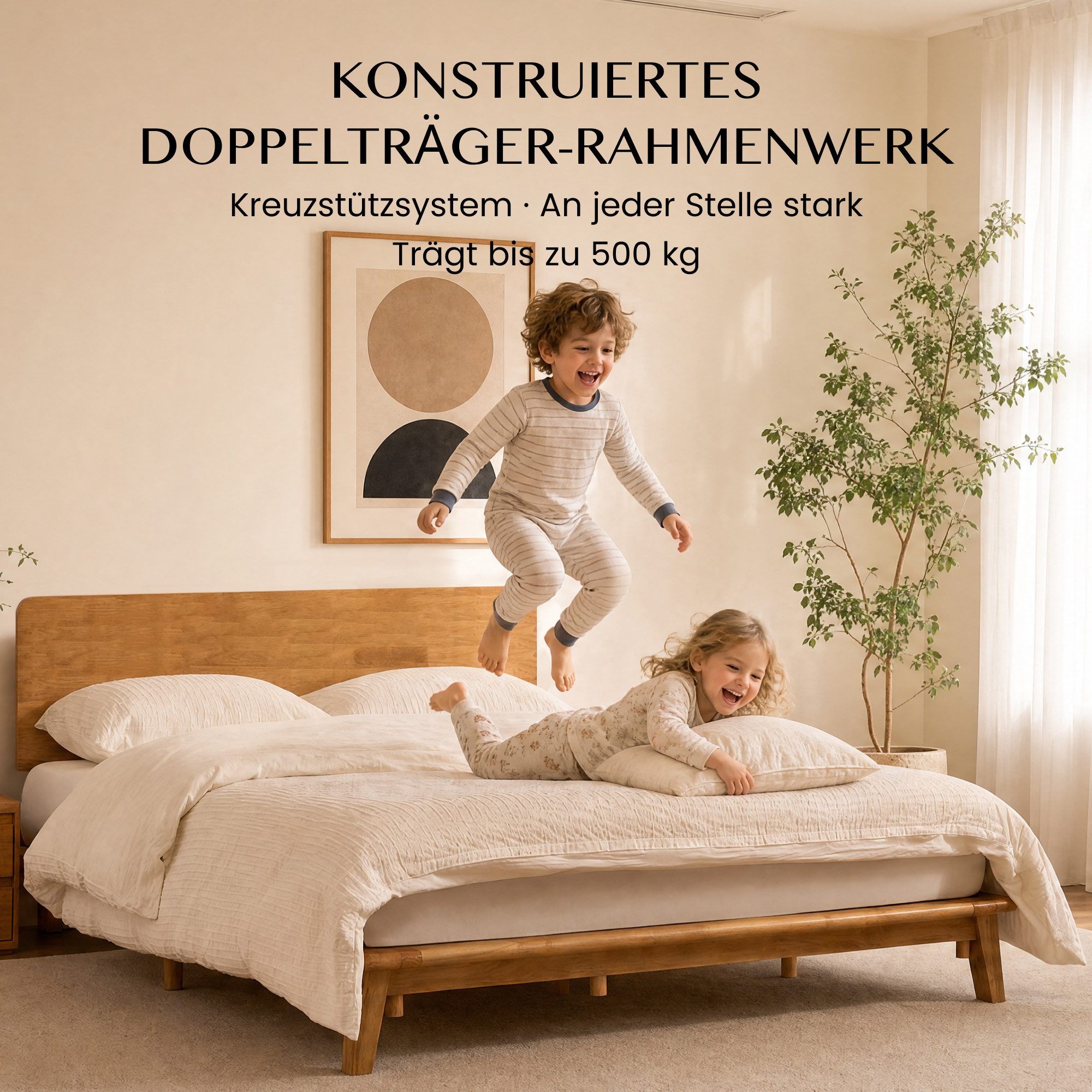 FLEXISPOT Bettgestell 160 x 200 cm aus Gummibaumholz, Futonbett aus Massivholz (Massivholz-Plattformbett, bis 500KG, für Matratzen 135-160 cm, inkl. Lattenrost) – Bild 3 von 5