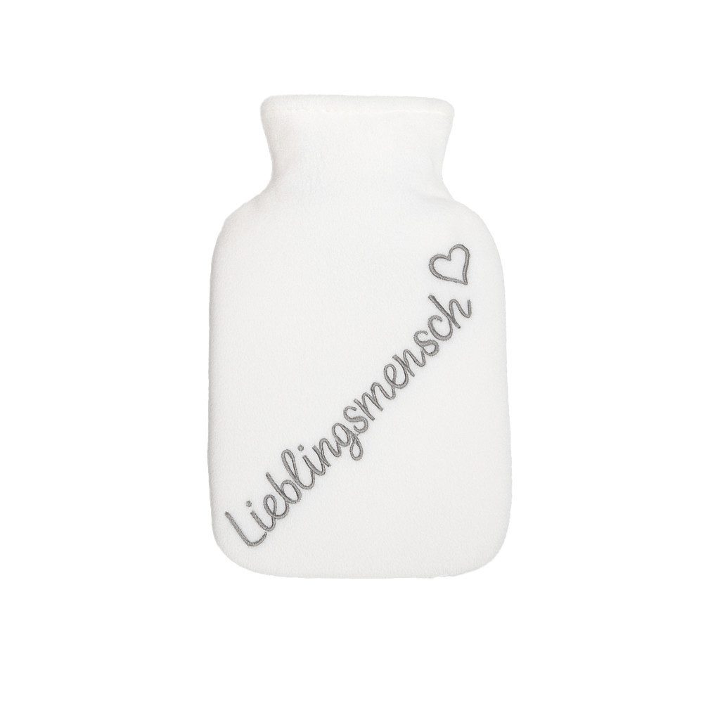 what the shop Wärmflasche Handwärmer „Lieblingsmensch“–Fleeceüberzug, ca. 11 cm weiß oder grau, Klein, kuschelig & immer wohlig warm