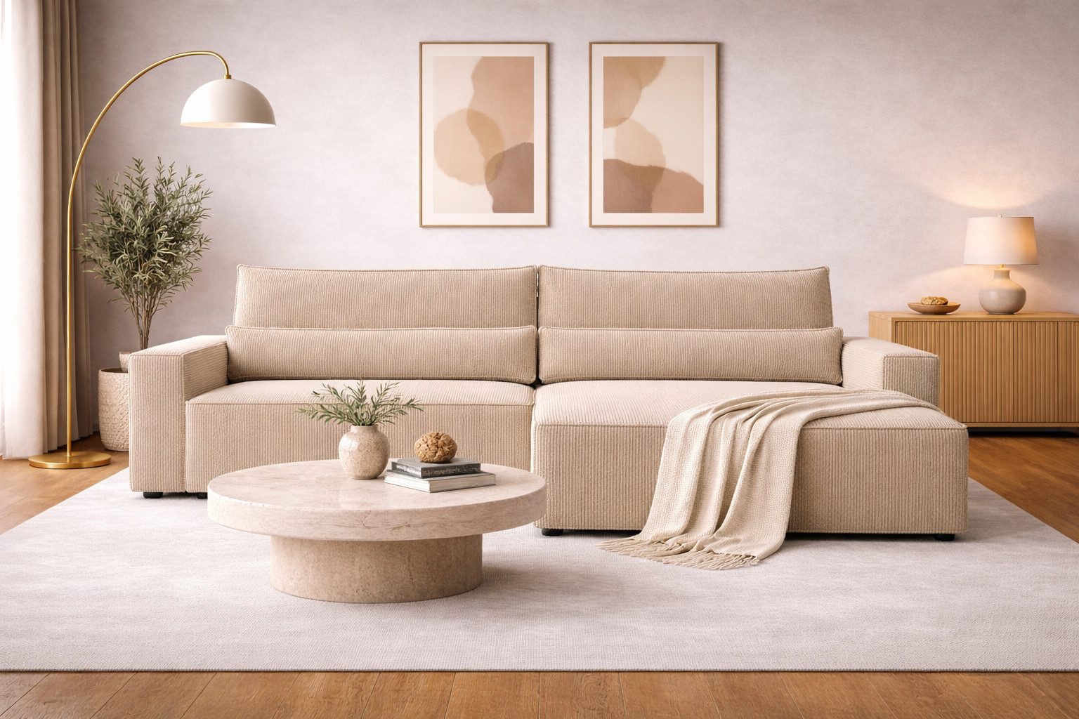 MOEBLO Ecksofa aus Cord DENVER L, Ottomane beidseitig montierbar Couch Cord für Wohnzimmer Schlafsofa Sofagarnitur Sofa Eckcouch L-Form Cordstoff - 290x85x200cm, mit Schlaffunktion und Bettkasten