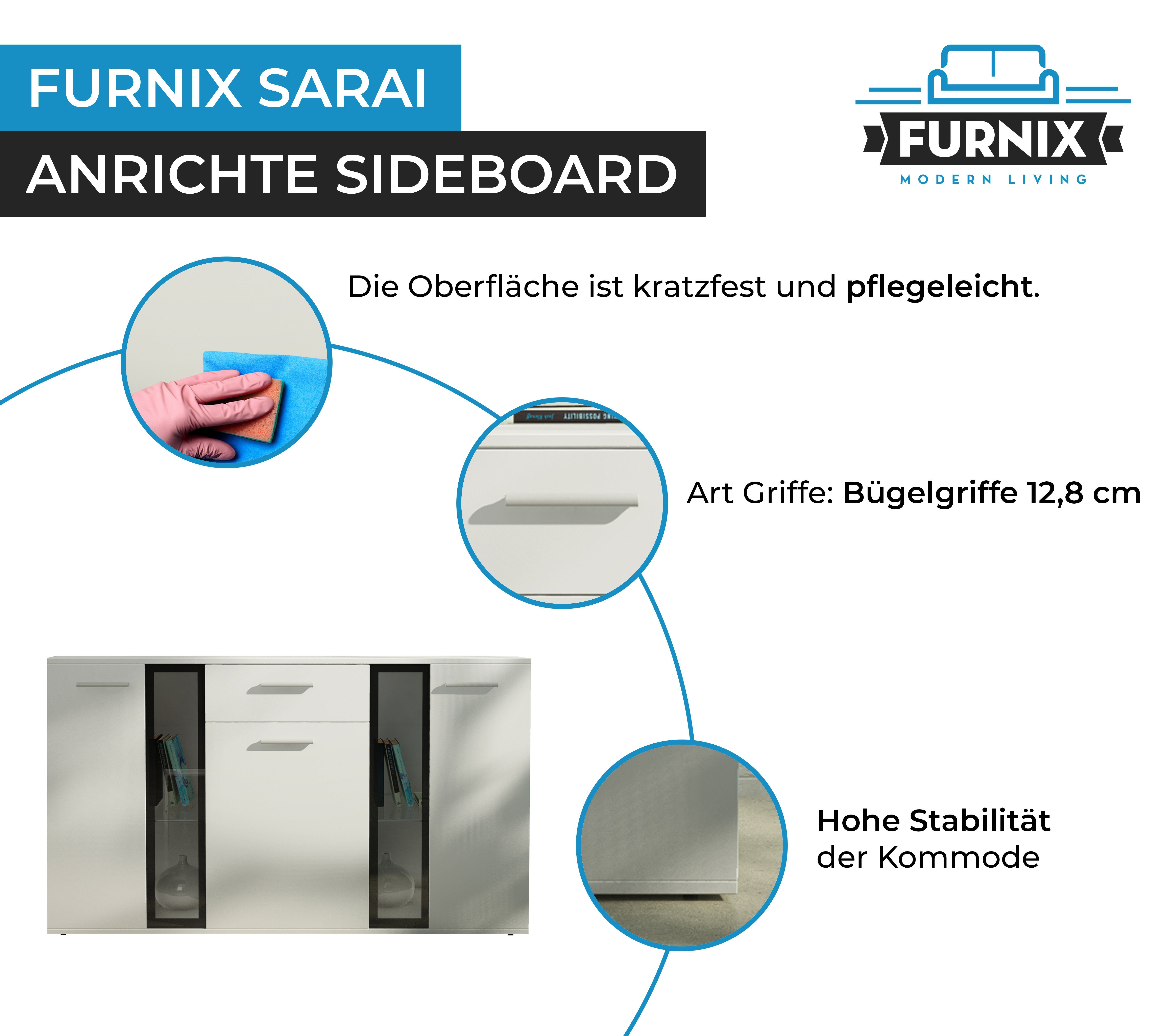 cm 1 x Glastüren, B140,4 Schublade, H80 3 x T40,2 Sideboard SARAI Anrichte Furnix Weiß mit Türen,