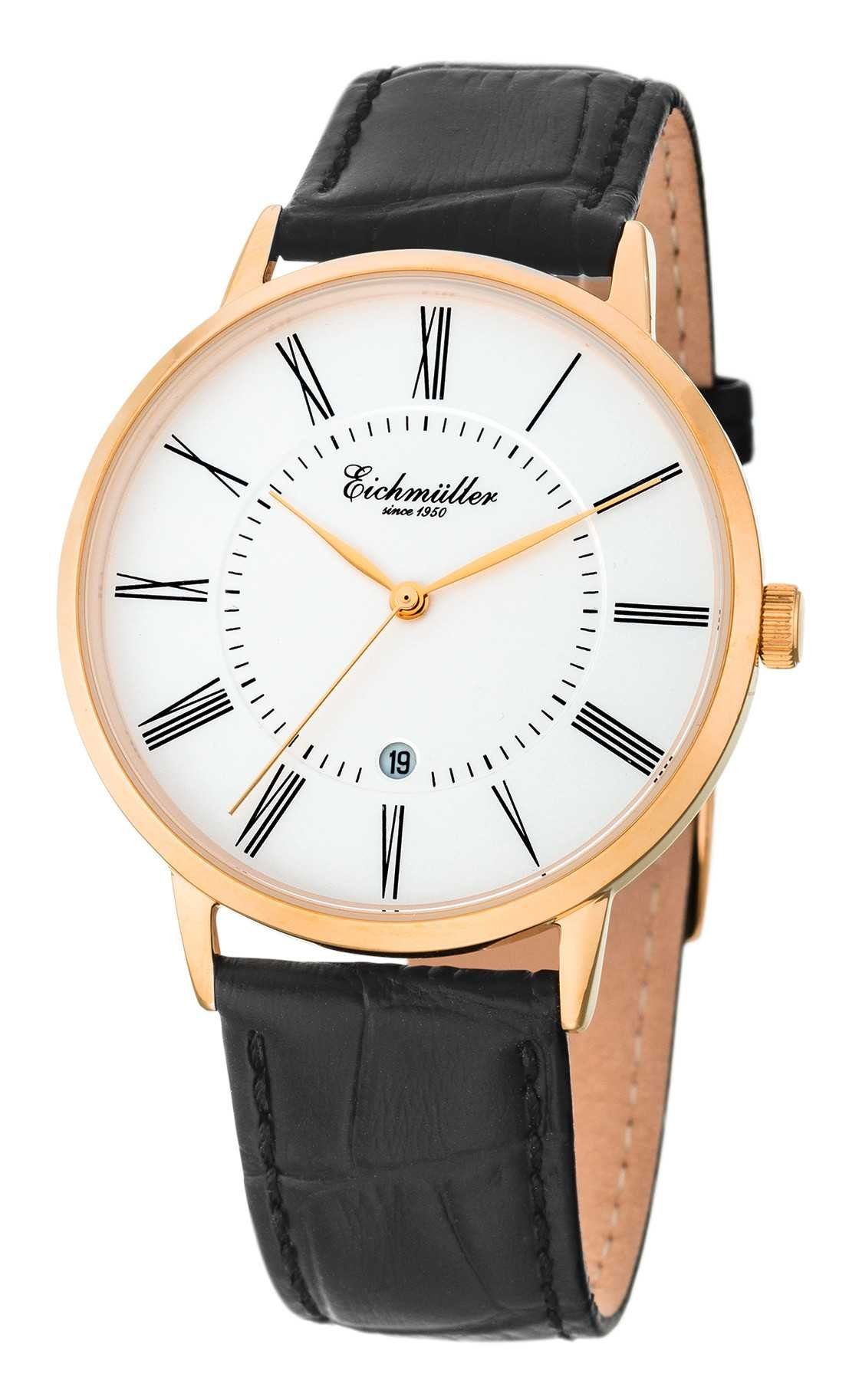 Eichmüller Quarzuhr Slim Herrenuhr IP Vergoldet Lederband Schwarz 41 mm 3032-03, – stilvolle Armbanduhr für Herren