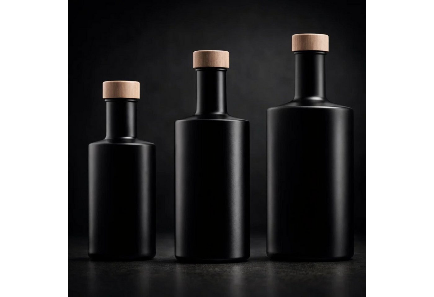 mikken Trinkflasche Schwarze Glasflasche mit Holzschraubverschluss Spirituosenflasche, Premiumglasflasche für Cognac, Whiskey, Gin uvm.